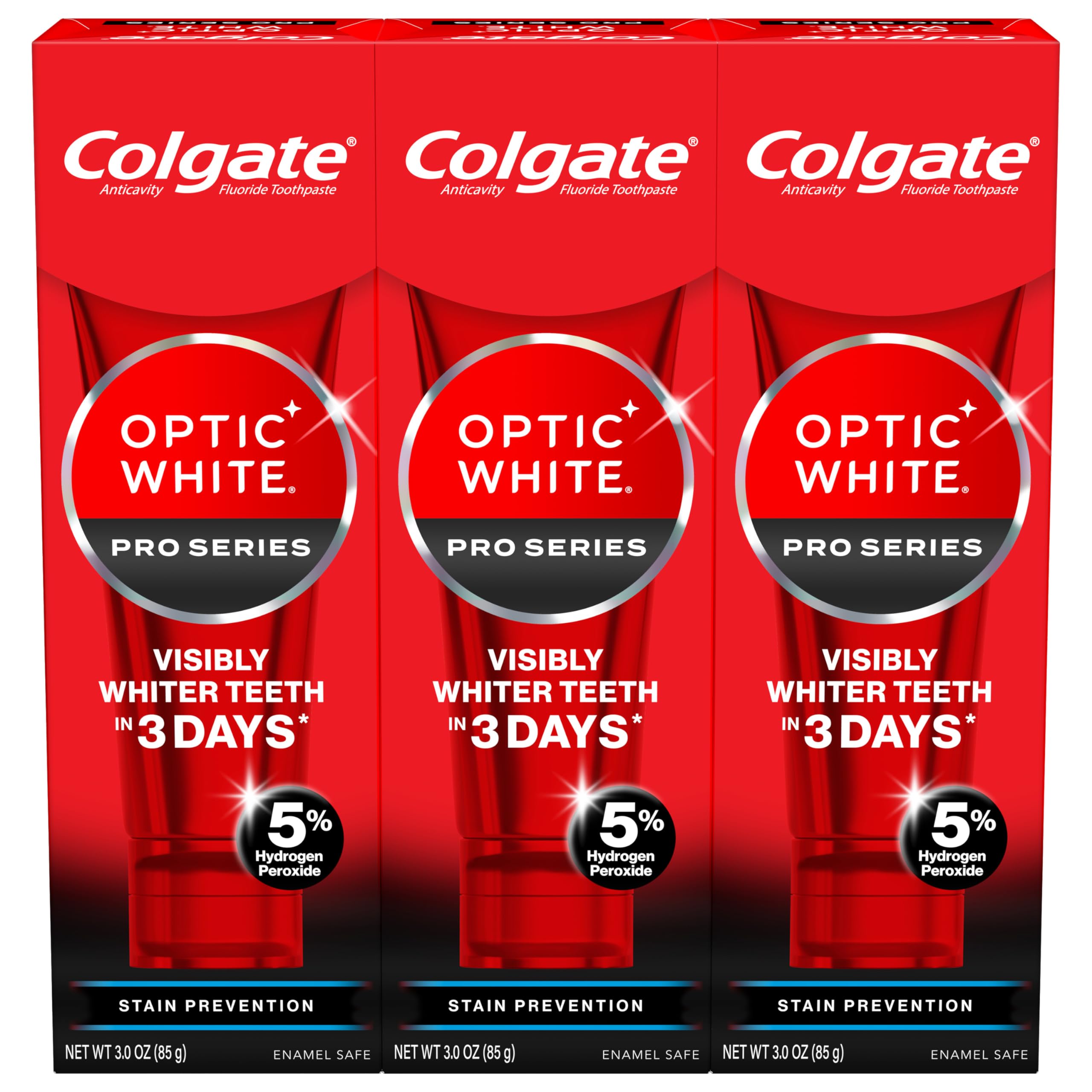 Colgate Optic White Pro Series Stain Prevention Hydrogen Peroxide Toothpaste, Teeth Whitening Toothpaste, Effectively Removes Tea, Coffee, and Wine Stains, Enamel-Safe for Daily Use, 3 Pack, 3.0 oz