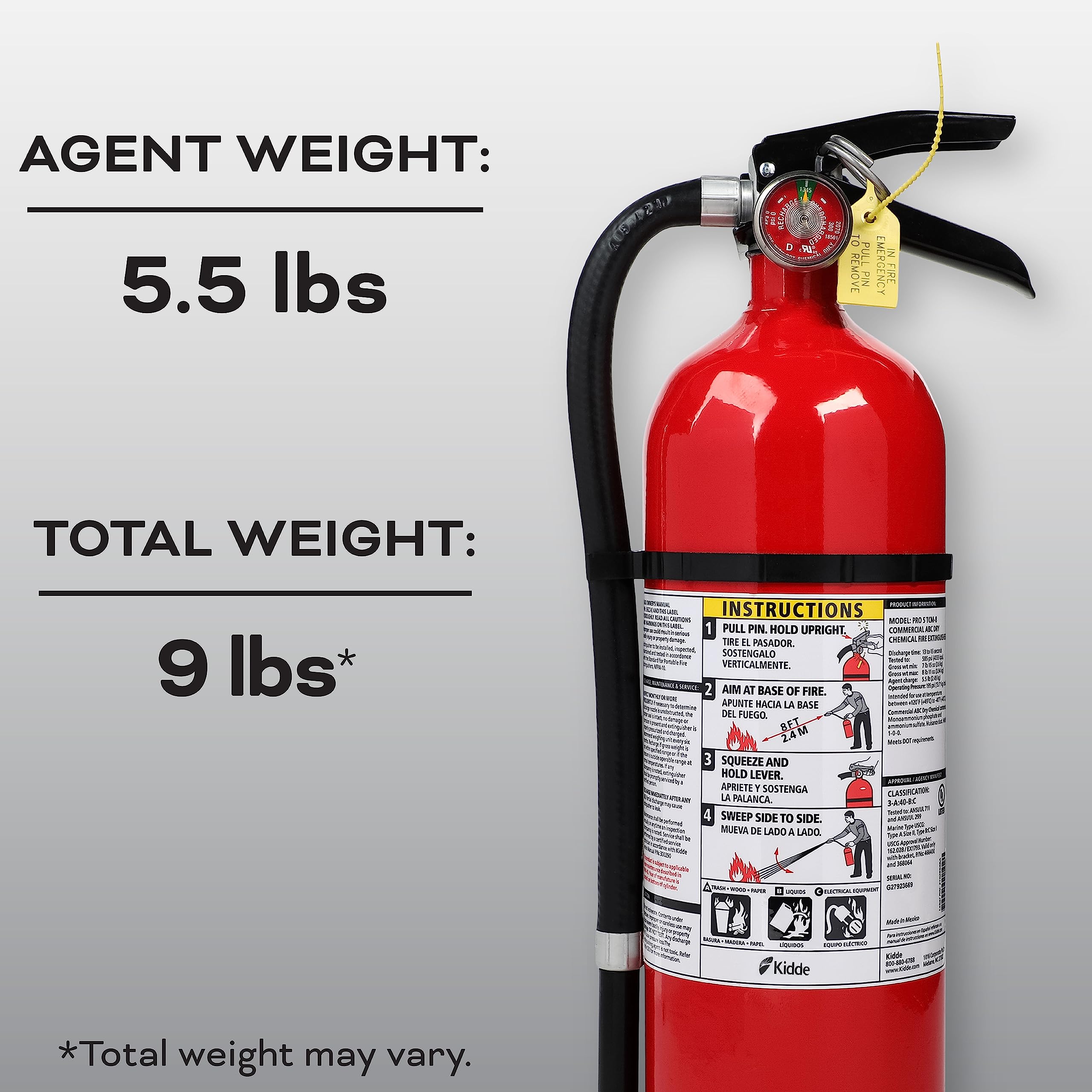 Kidde Fire Extinguisher for Commercial Use, 3-A:40-B:C, 9 Lbs., Refillable & Reusable, Hose & Wall Mount (Included)