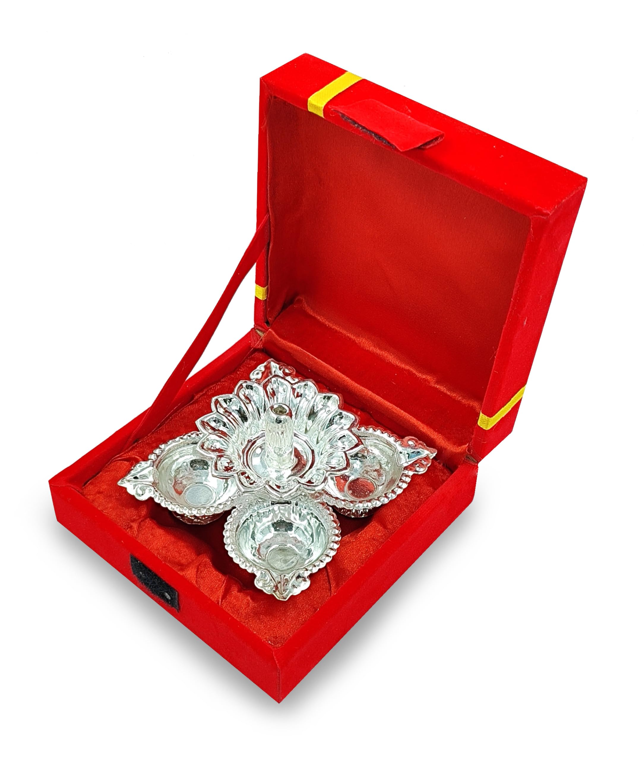 NOBILITY Silver Plated Diya with Red Velvet Gift Box Panchmukhi Dia Pooja Items Diwali Decoration Puja Gifts Handmade Oil Lamp Traditional Indian Deepawali Gift Items 6 Sets