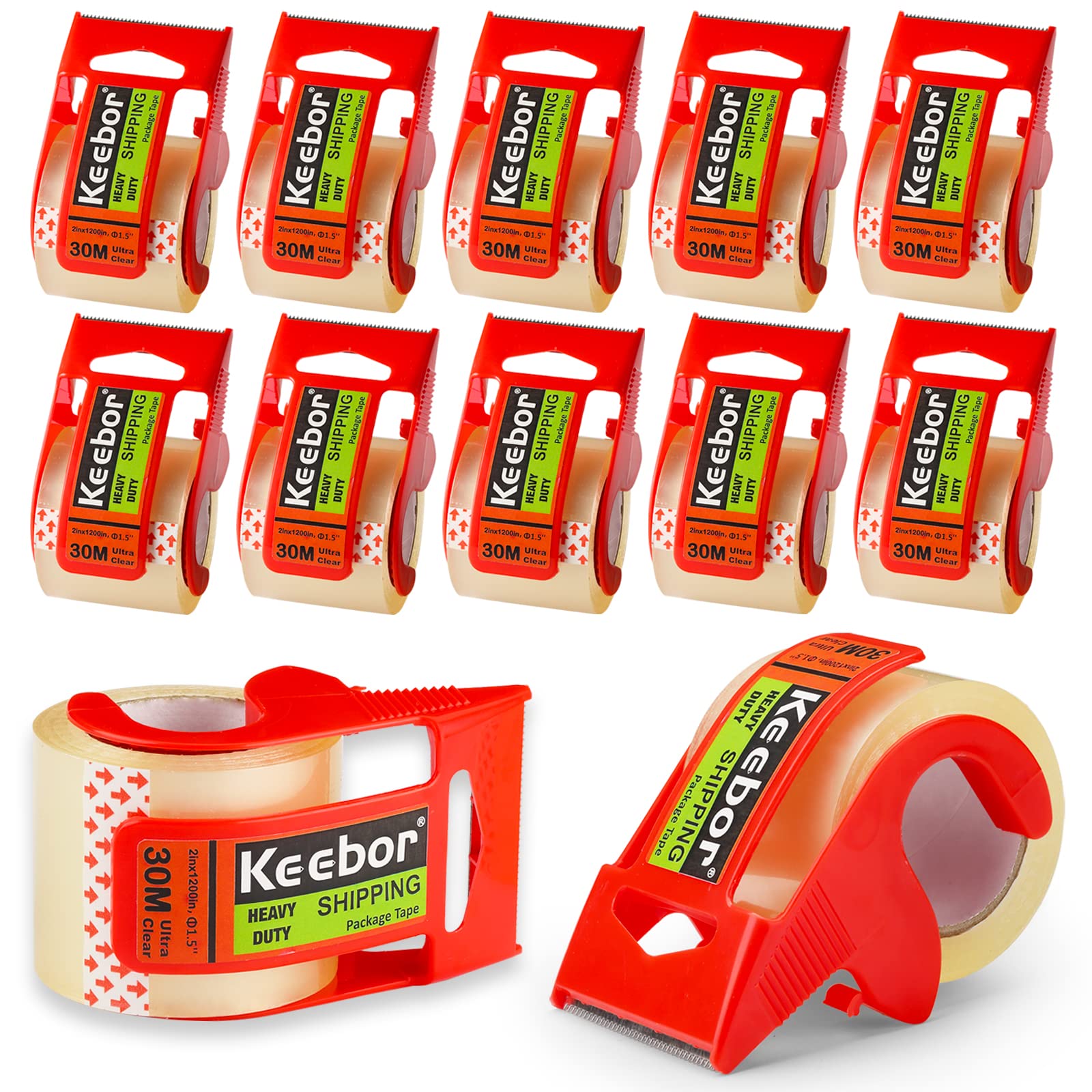 Packing Tape with Dispenser, 12 Rolls Clear Shiping Package Tape, 2'' x 32.8 yd, 1.5'' Core, Designed for Packing, Shipping & Mailing