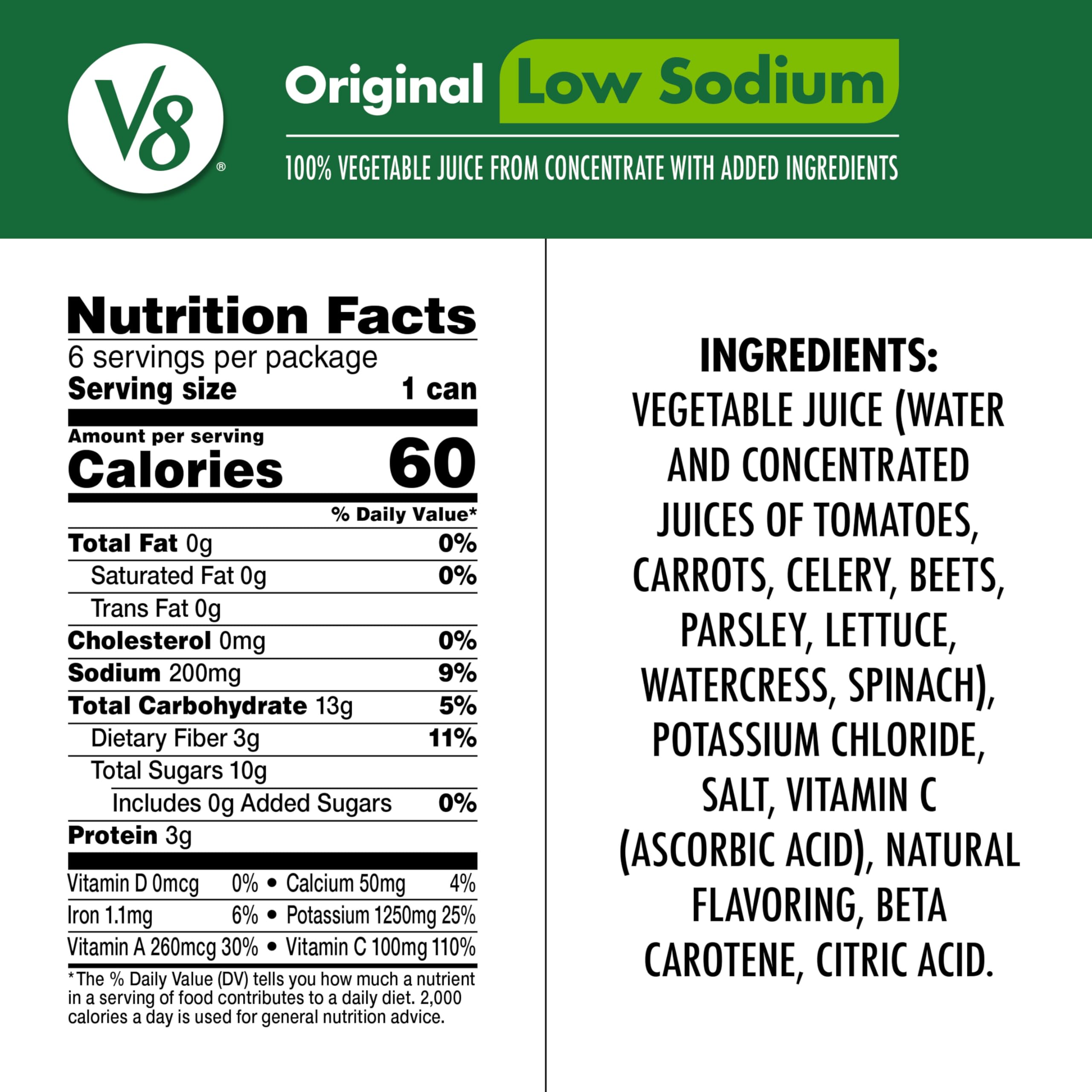 V8 Low Sodium Original 100% Vegetable Juice, Vegetable Blend with Tomato Juice, 11.5 FL OZ Can (Pack of 24)