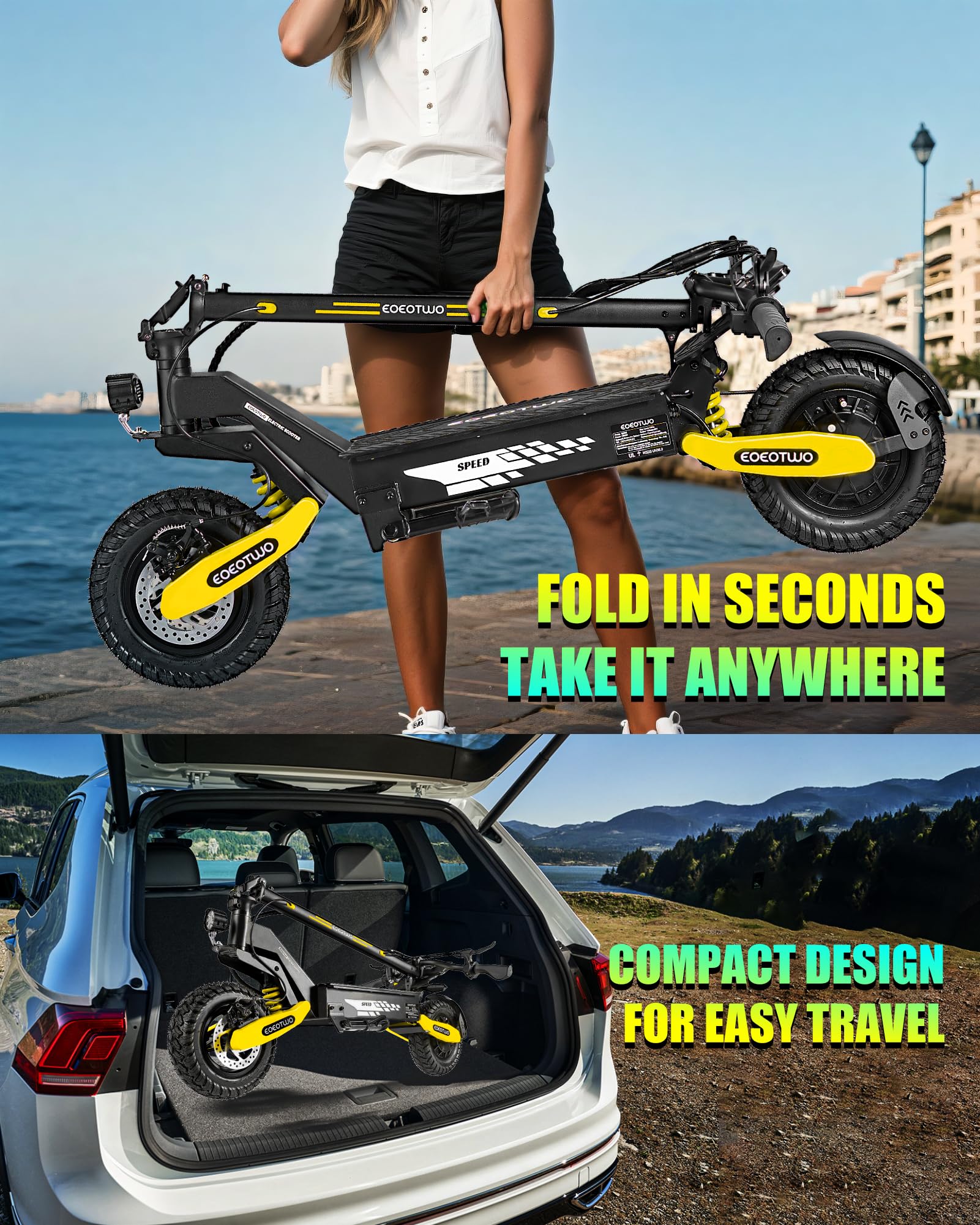 EOEOTWO Electric Scooter for Adults, 1200W Motor Fast E-Scooter, 11" Off-Road Tires, Up to 30 MPH Top Speed & 20/43 Miles Long Range Heavy Duty Electric Scooter, Foldable (48V 13Ah, Yellow) ﻿ ﻿ ﻿
