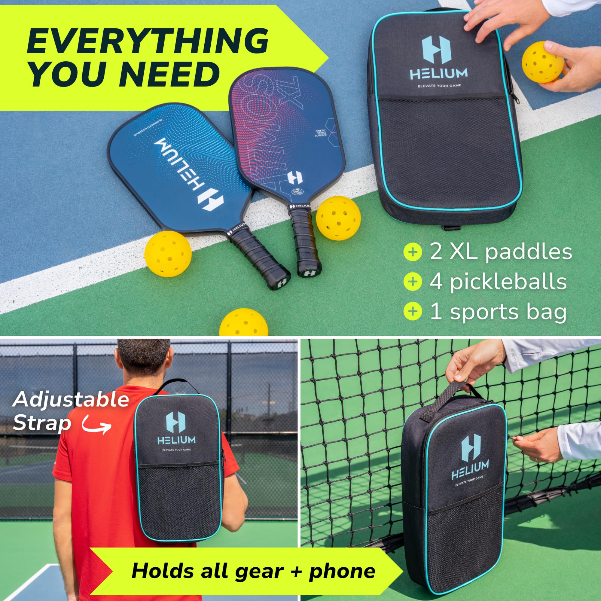 Helium Pro Carbon Fiber Pickleball Paddle Set of 2 - USAPA Certified Pickleball Paddles, High-Spin Texture, Lightweight Honeycomb Core (2 Paddles, 4 Balls, 1 Sports Bag)