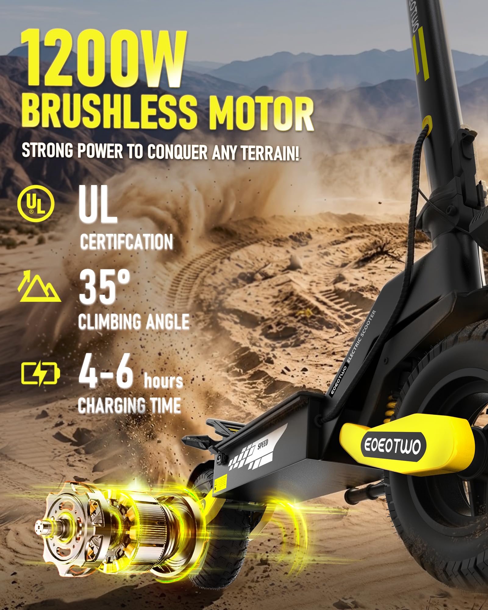 EOEOTWO Electric Scooter for Adults, 1200W Motor Fast E-Scooter, 11" Off-Road Tires, Up to 30 MPH Top Speed & 20/43 Miles Long Range Heavy Duty Electric Scooter, Foldable (48V 13Ah, Yellow) ﻿ ﻿ ﻿