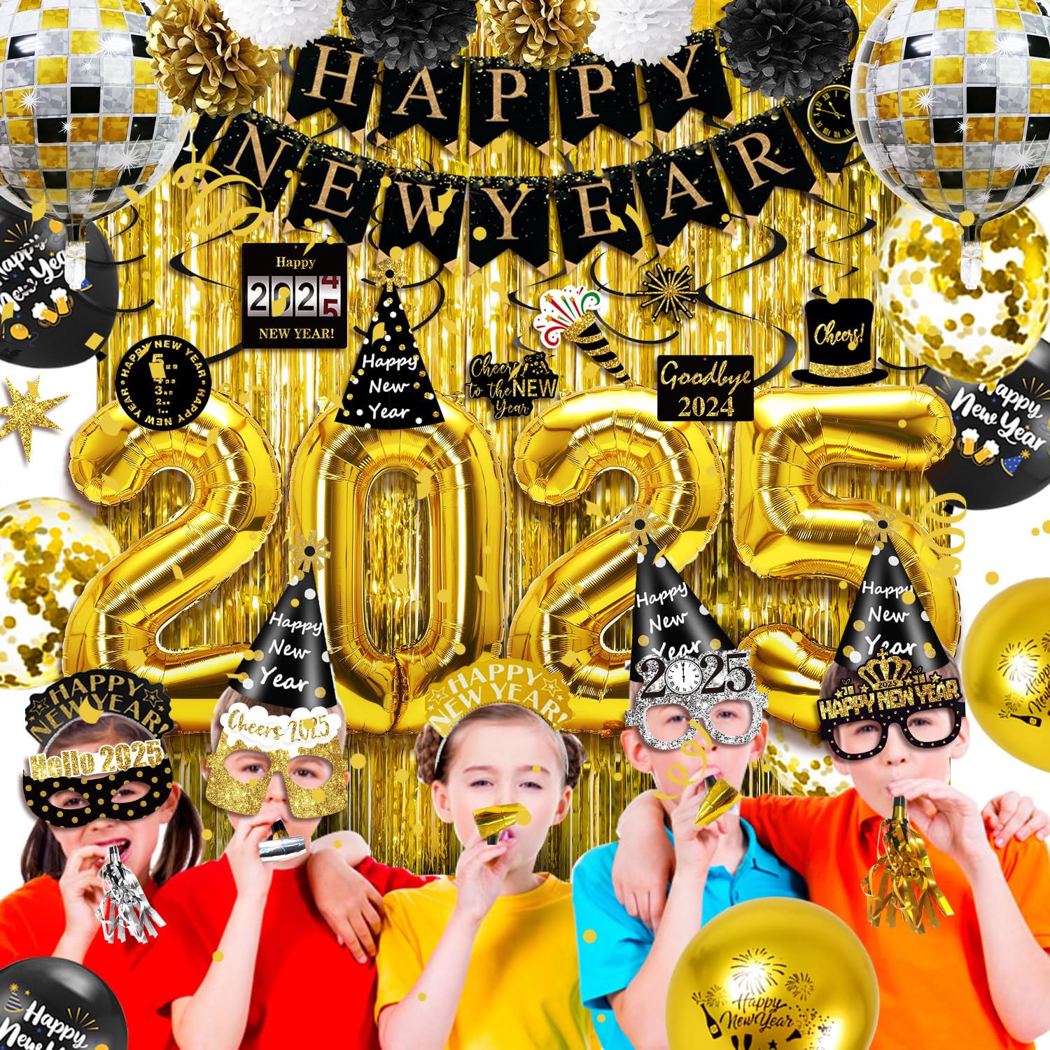 MOVINPE New Years Eve Party Decorations 2025 Black Gold, Happy New Year Party Supplies, Banner Pompoms Number Balloon Fringe Curtain Photo Booth Props Hanging Swirl Squawkers Blowouts