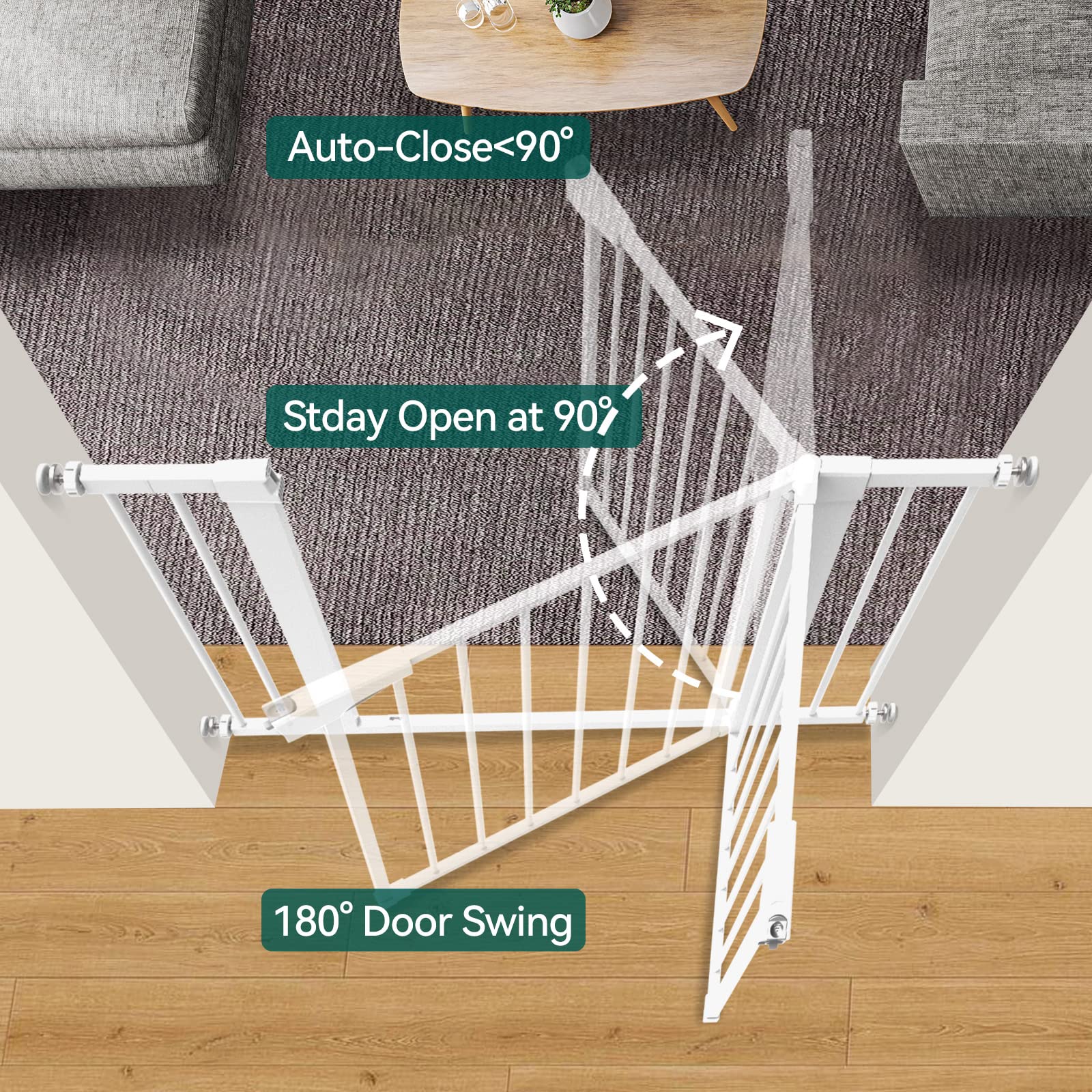 Babelio Metal Baby Gate, 29-43'' Auto Close Easy Install Pet Gate, Extra Wide Walk Thru Child Safety Gate, 30'' Tall Pressure Mounted Dog Gate for Doorways & Stairs, White