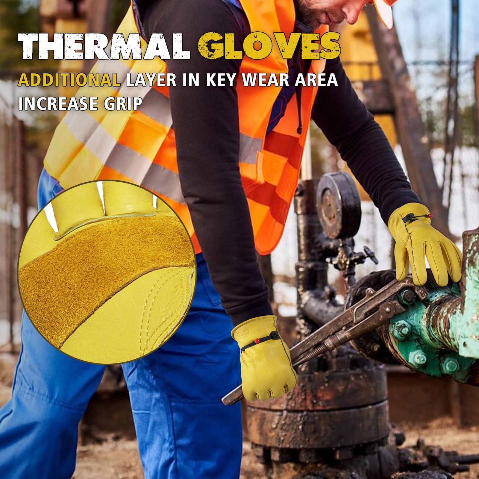 HLDD HANDLANDY Winter Leather Work Gloves, Warm Cowhide Gloves for Cold Weather, Insulated Thermal Winter Gloves