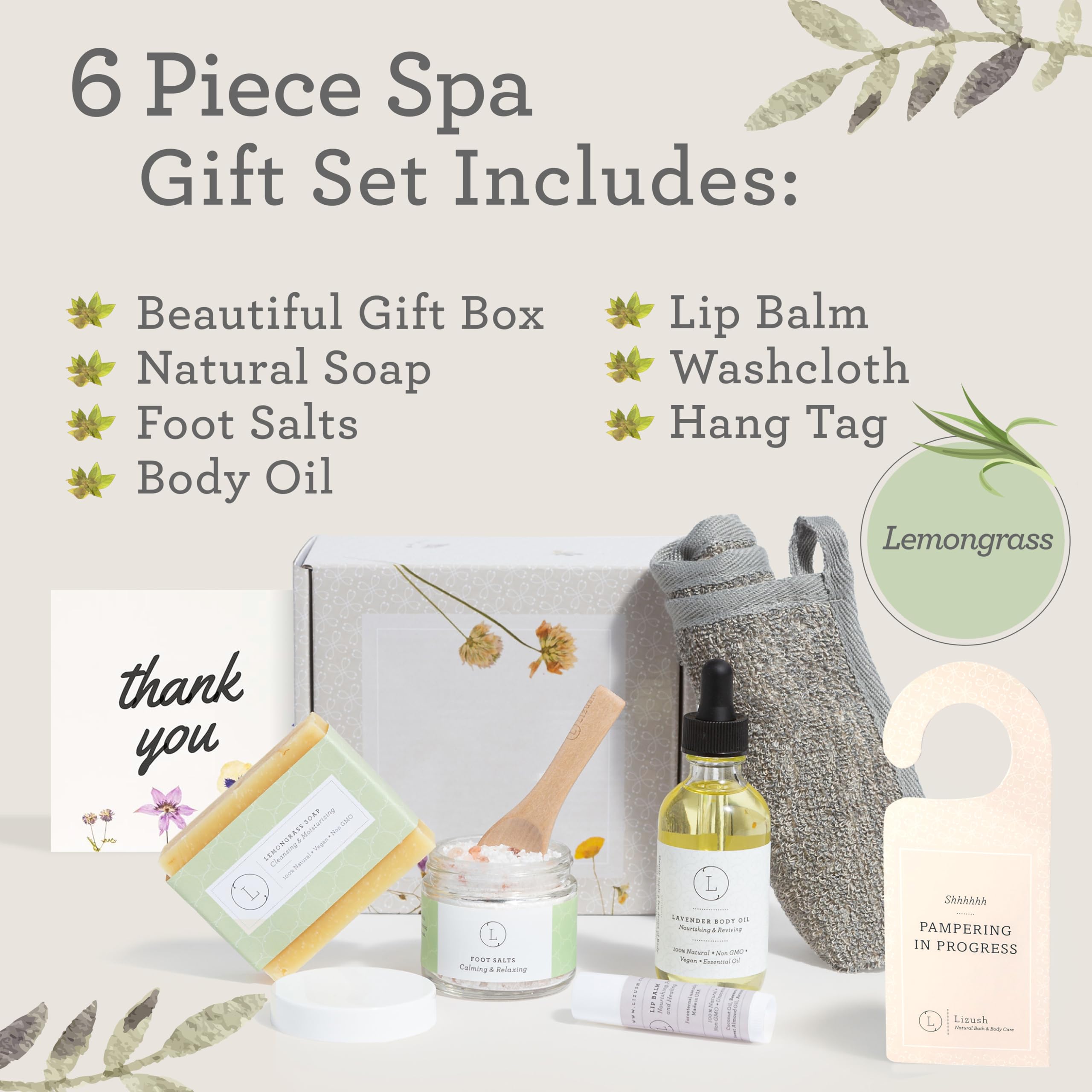 Lizush Lemongrass 6-Piece Spa Kit for Women - Relaxing Spa Box Gift Set - Thank You Self Care Gift Basket- Complete Luxury Handmade Spa Items for Body Care - Premium Relaxation Gifts for Women