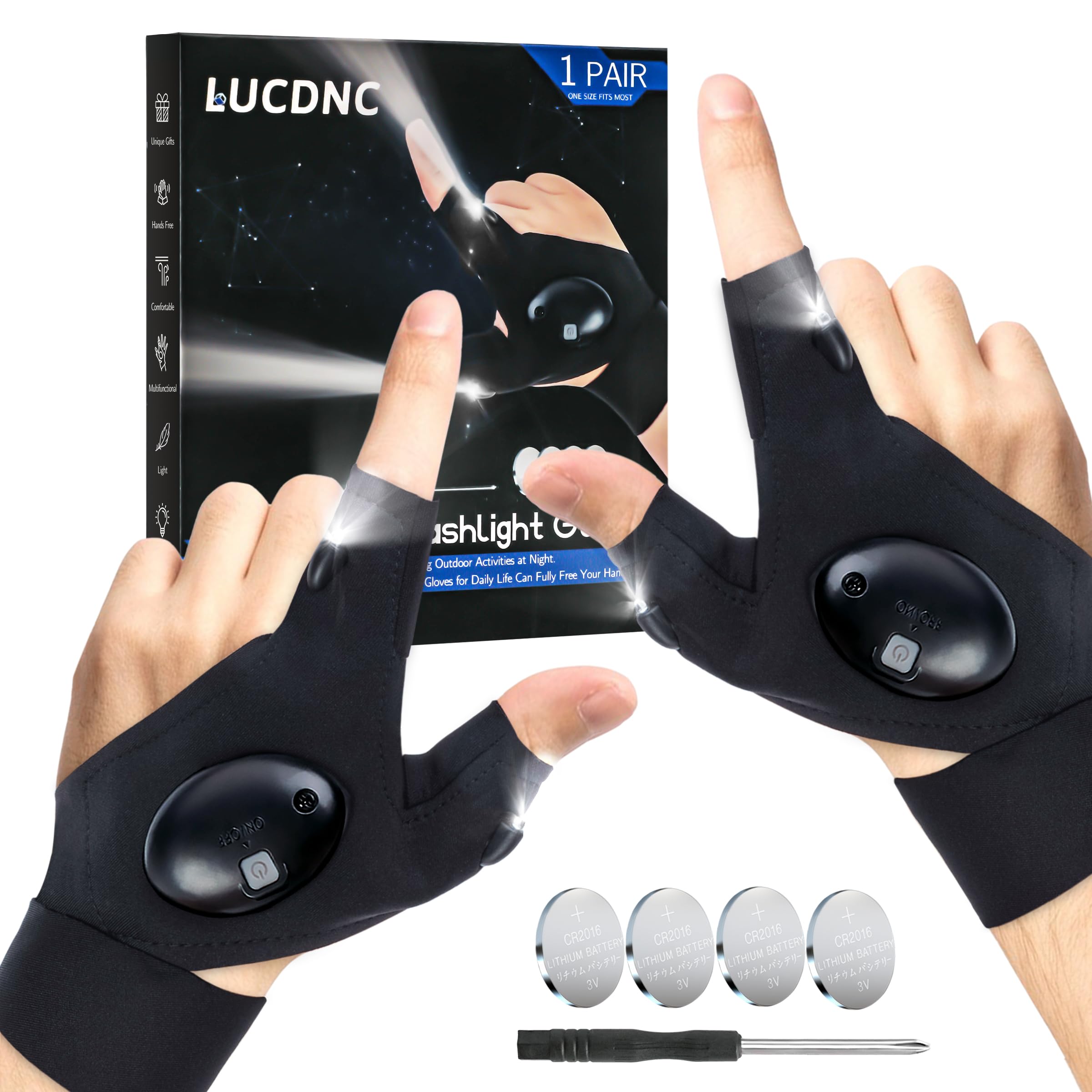 lucdnc LED Flashlight Gloves Gifts for Men Christmas Gifts Stocking Stuffers for Adults Cool Gadget Hands-Free Lights Tools for Fishing Camping Repairing Unique Men Birthday Gifts