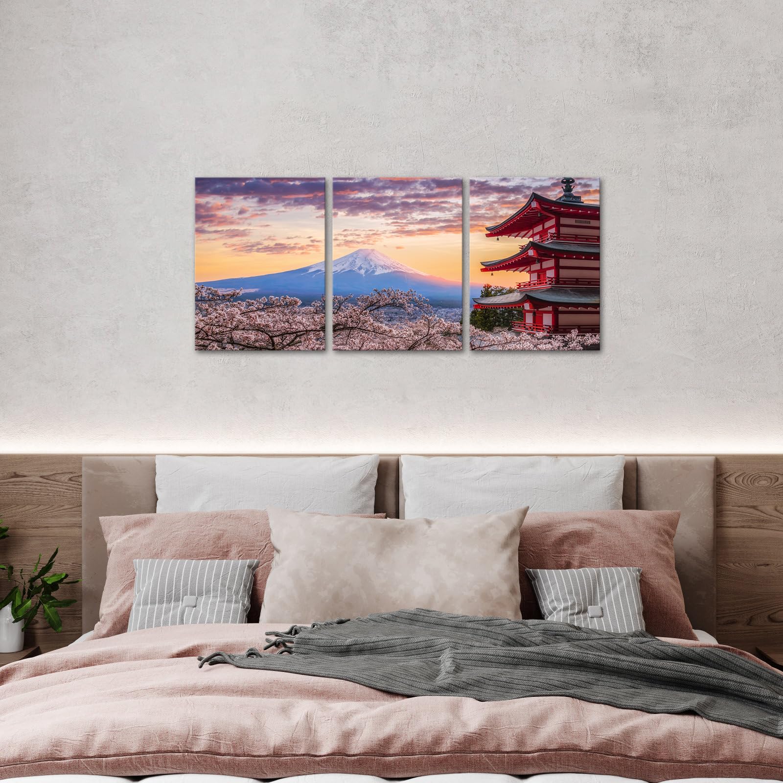 OuElegent Mount Fuji Canvas Wall Art Kyoto Cherry Blossom Japanese Landscape Pictures Print Artwork for Home Office Living Room Decor Framed 12"x16"x3 Pcs (small)