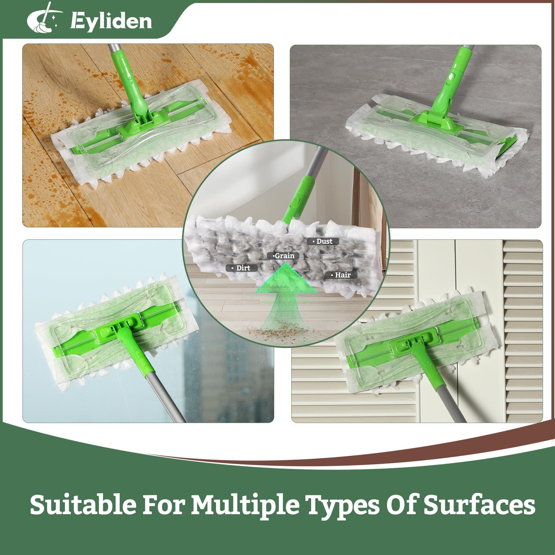 Eyliden Sweeper Mop, Wet & Dry Mops for Floor Multi Surface Cleaning, Disposable Dust Mop Starter Kit with 36 Refills - 12 Wet Mop Cloths, 12 Heavy-Duty Pet Hair Mop Pads, 12 Dry Sweeping Cloths