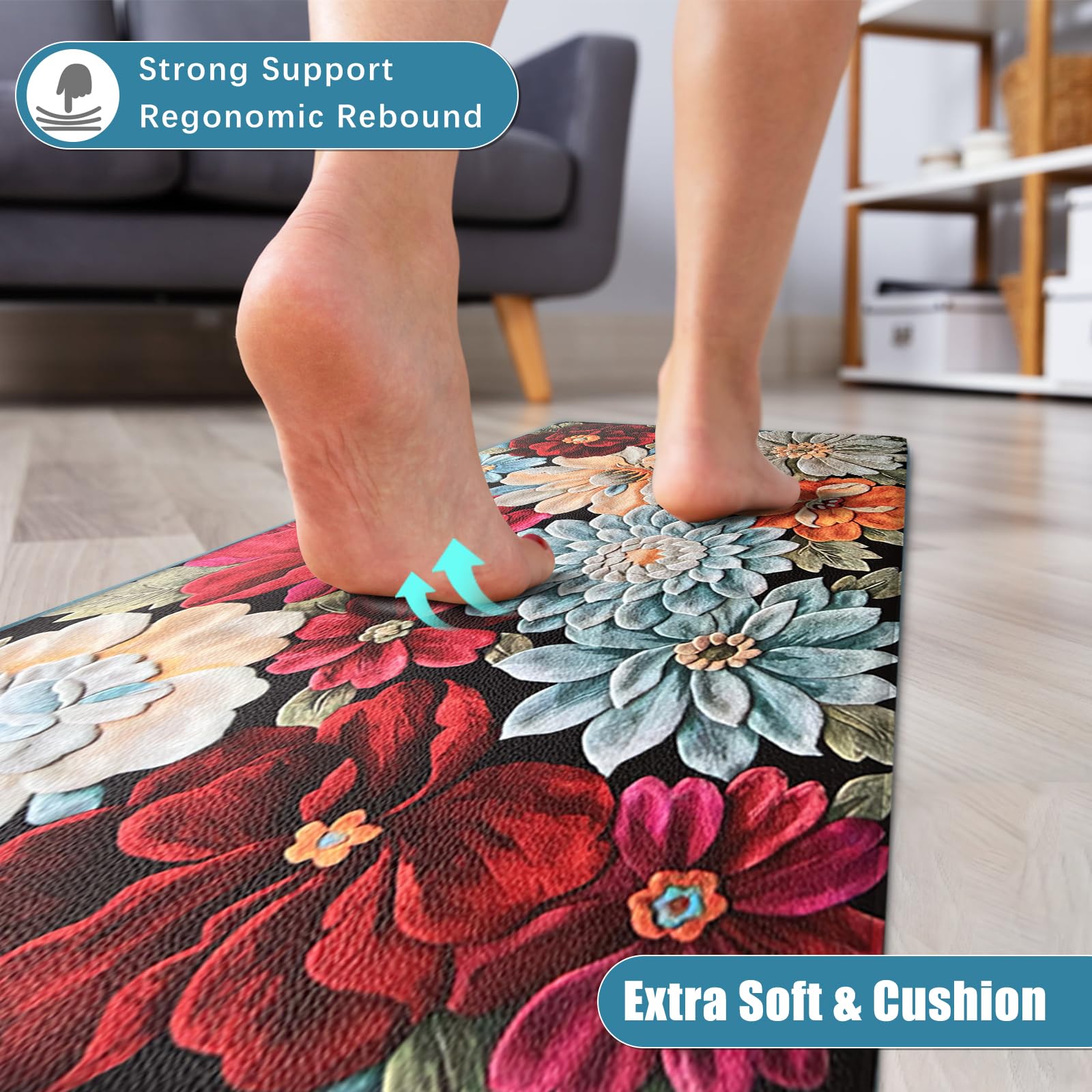 Sofort Kitchen Mats for Floor Cushioned Anti-Fatigue Kitchen Rugs, Set of 2 Boho Floral Kitchen Mats and Rugs, Non-Slip Waterproof Comfort Standing Mats for Kitchen, Laundry, Sink, Office