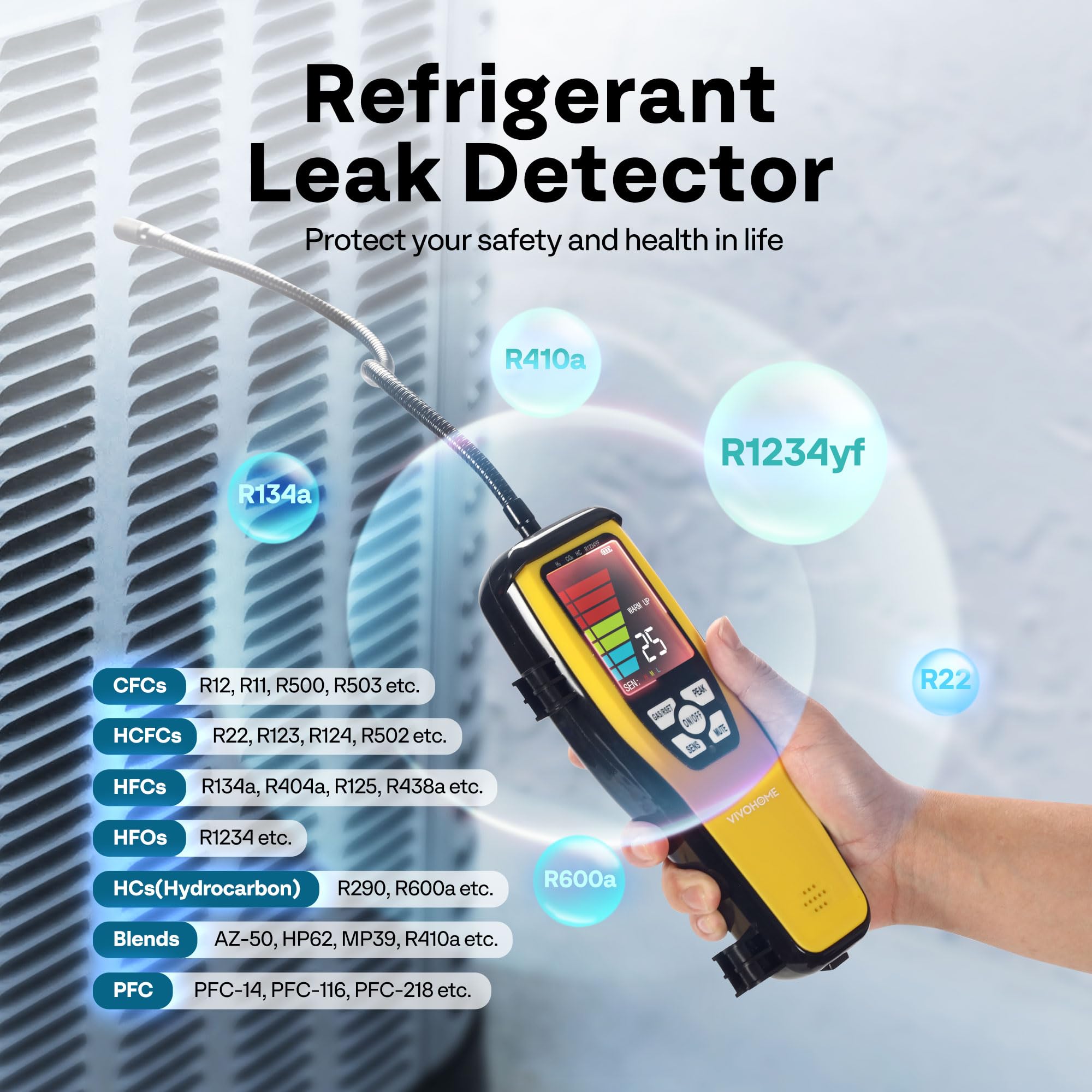 VIVOHOME HVAC Refrigerant Freon Leak Detector with Rechargeable Battery, AC Sniffer Leak Detector for R134a R410a R1234yf CFCs HCFCs HFCs HFOs HCs, Max Sensitivity up to 0.03oz./yr