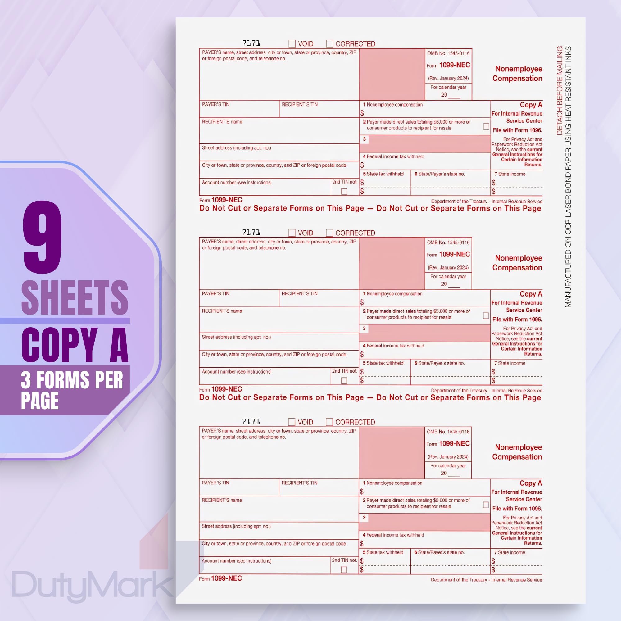 1099 1099 NEC Forms 2024, 4 Part 25 Vendor Kit of Laser Forms, Compatible with QuickBooks and Accounting, 25 Pack, Software and Envelopes NOT Included, Made in The USA