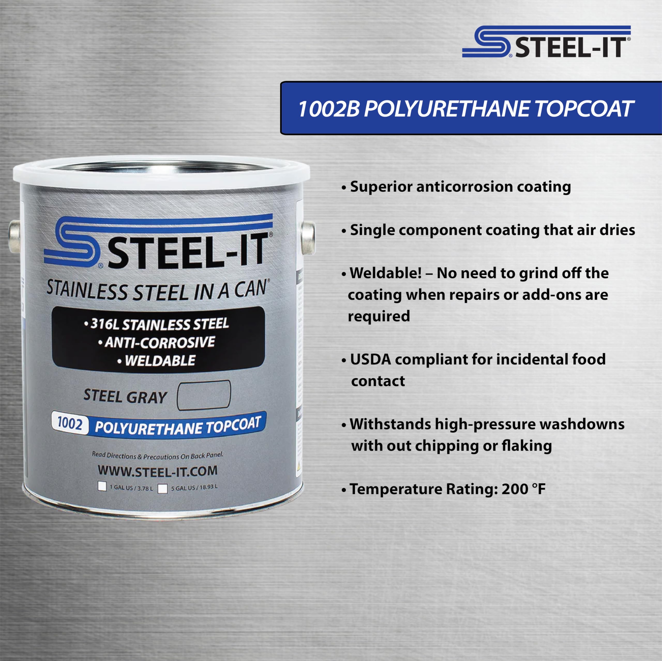 Steel-It 1002G Polyurethane Topcoat, Weldable, Superior Anticorrosion Coating - Steel Gray (1 Gallon)