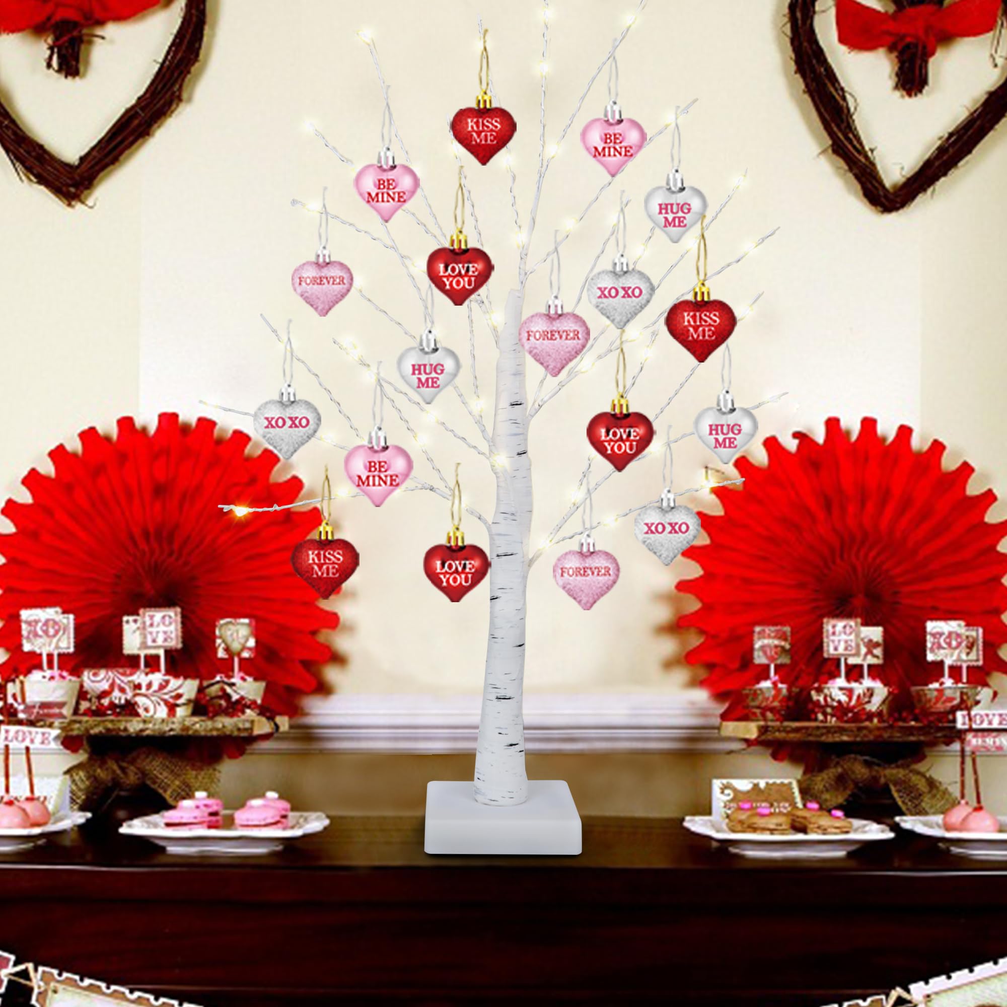 [Timer] Valentines Day Decor 24 Inch Valentines Day Decoration Lighted Tree with 18 Heart Ornaments, USB/Battery Operated Valentines Decor Tree Light, Valentines Day Decorations for Home Table Bedroom