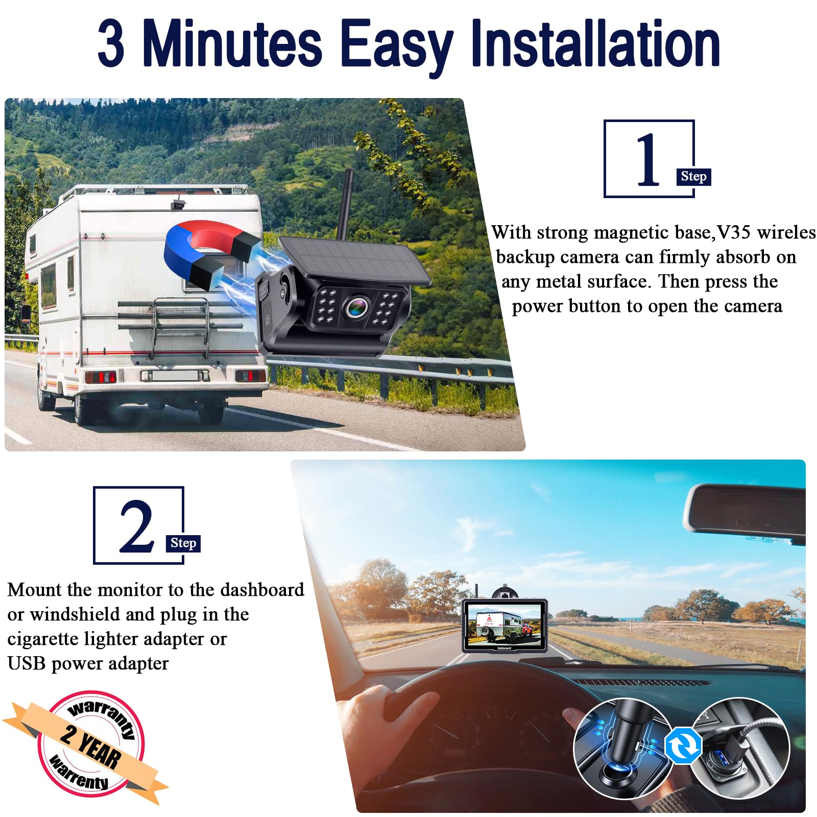 Wireless Backup Camera Solar Magnetic: Portable Cordless Scratch-Proof Truck Trailer Hitch Rear View Camera HD 1080P No Wiring No Drilling Rechargeable 5'' Monitor Kit for Car RV Camper - DoHonest R50