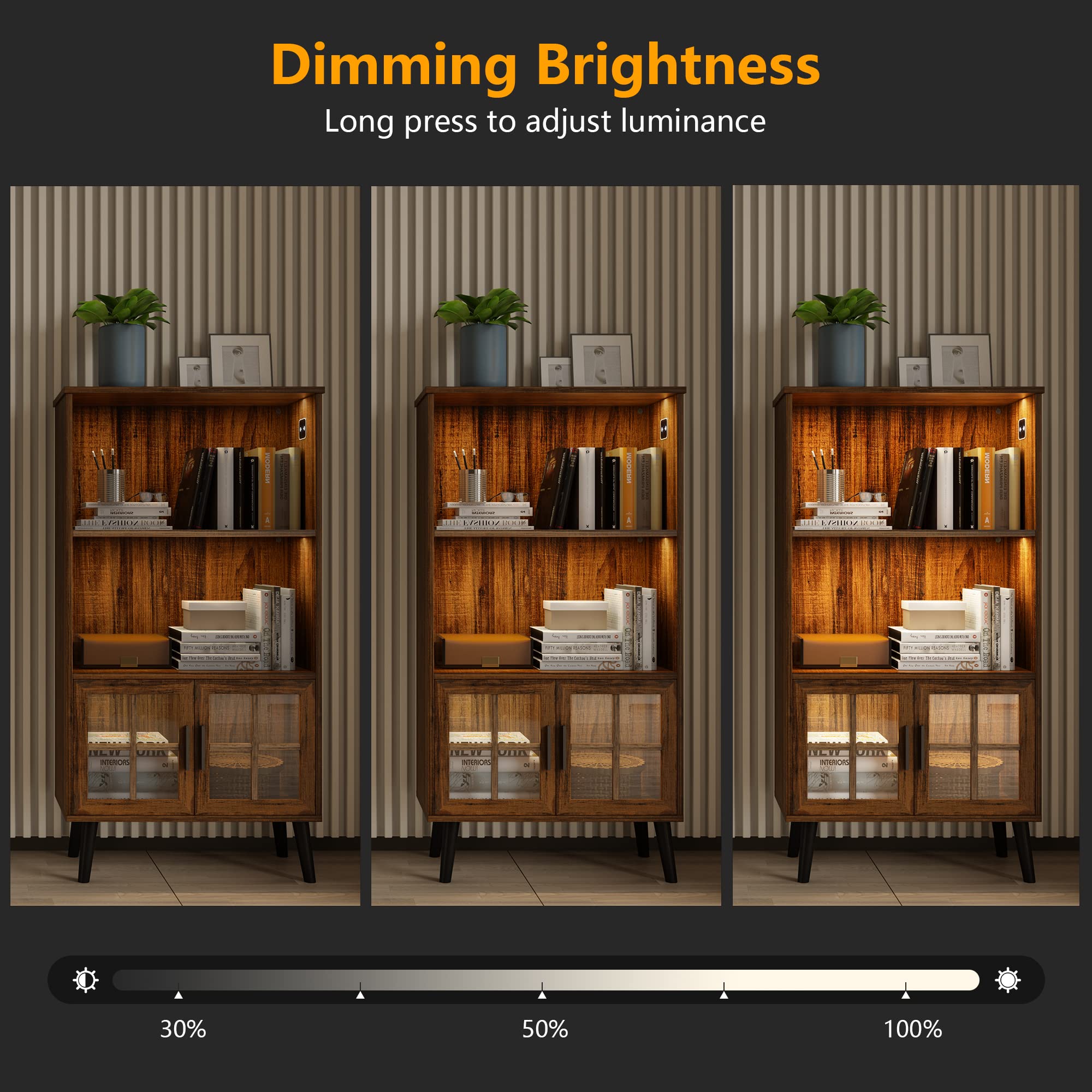LVSOMT 3 Shelf Bookcase with LED Lights,Book Case with 2 Open Shelves, Storage Cabinet with Door, Human Body Induction Mode, Modern Wood Bookshelf for Bedroom/Living Room/Office, Brown