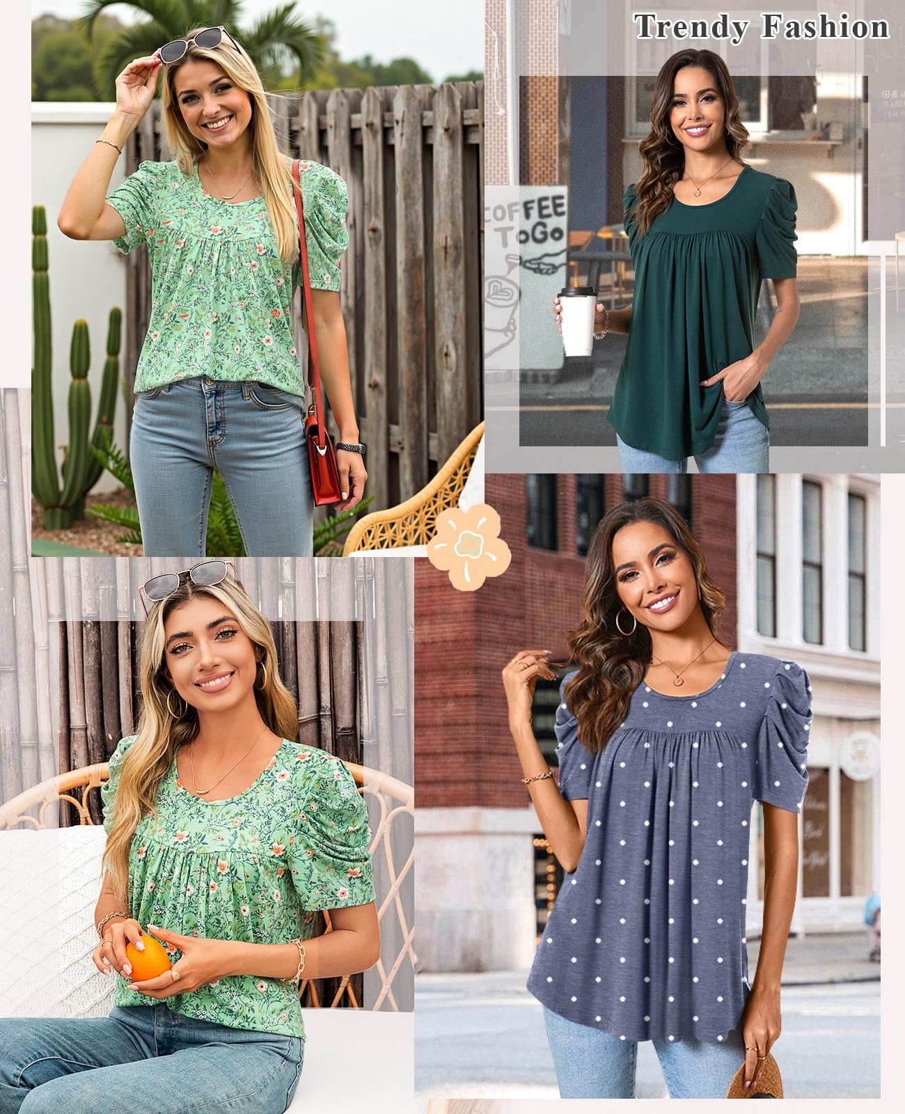 Anydeer Women Tunic Top Summer Short Puff Sleeve Chest Pleated Tshirts Casual Round Neck Blouse Loose Tee, M, Crew Short Dotted Navy Blue