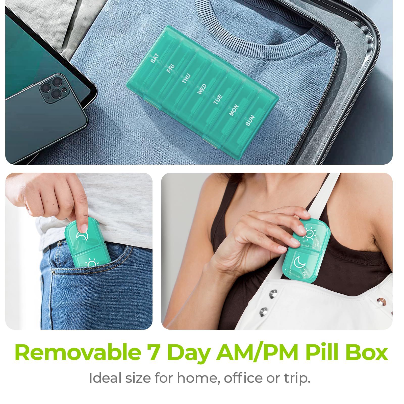 AUVON XL Weekly Pill Organizer 2 Times a Day, Pill Box 7 Day with One-Side Large Openings for Easy to Use, Cyan AM PM Pill Case for Medication, Vitamins, Fish Oils, Supplements