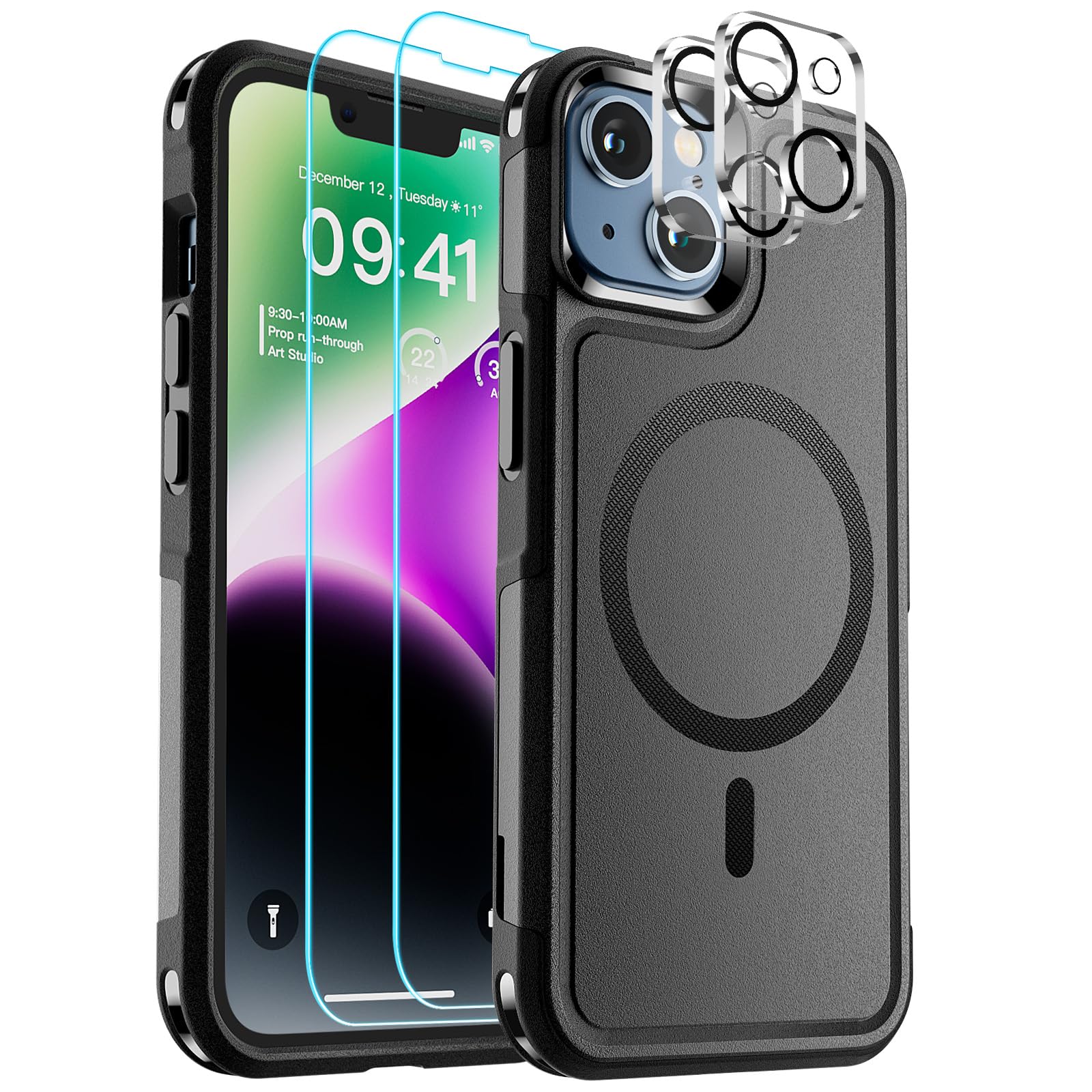 SUPFINE Magnetic for iPhone 14 Case, (Compatible with MagSafe)(12FT Military Grade Drop Protection) 2X Tempered (Glass Screen+Camera Lens Protector) Shockproof Phone Case 6.1 inch,Black