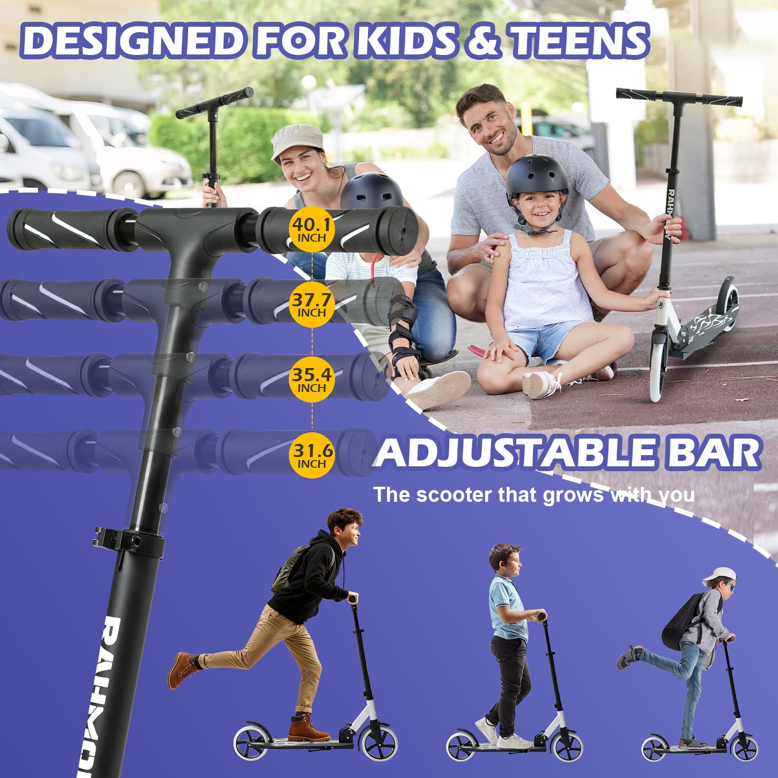 Rahmory Kick Scooter for Ages 6+,Kid, Teens & Adults. Foldable Kick Scooter for Boys with 4 Adjustable Heights, ABEC9 Bearings, Supports Up to 220 lbs
