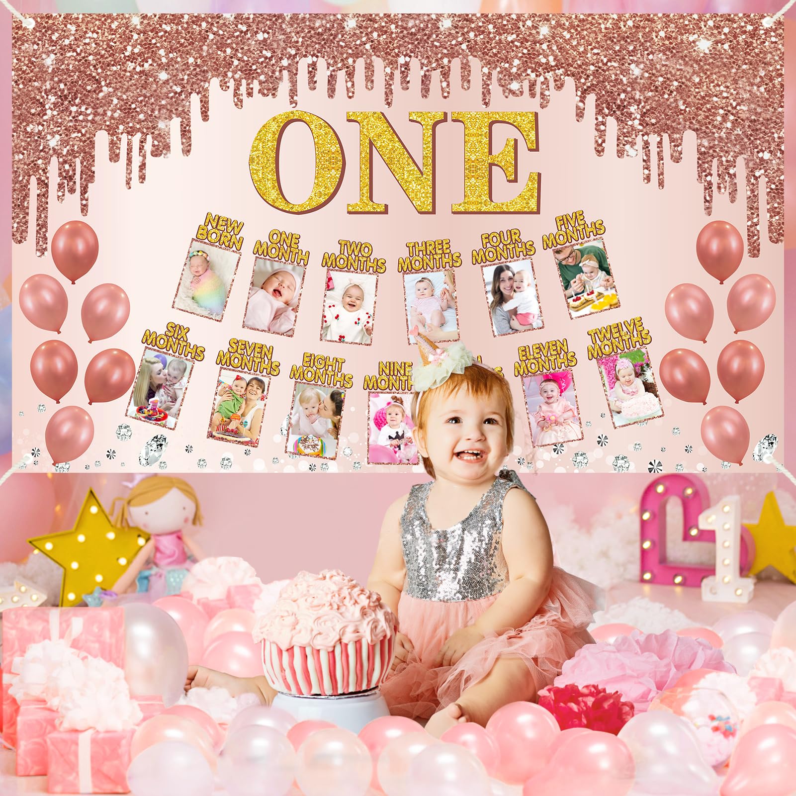 Uiorgui 1st Birthday Photo Banner Decorations for Baby Girls, Pink Rose Gold First Birthday Decor 1 Year Old Birthday Backdrop Party Supplies for 1 to 12 Month Girl