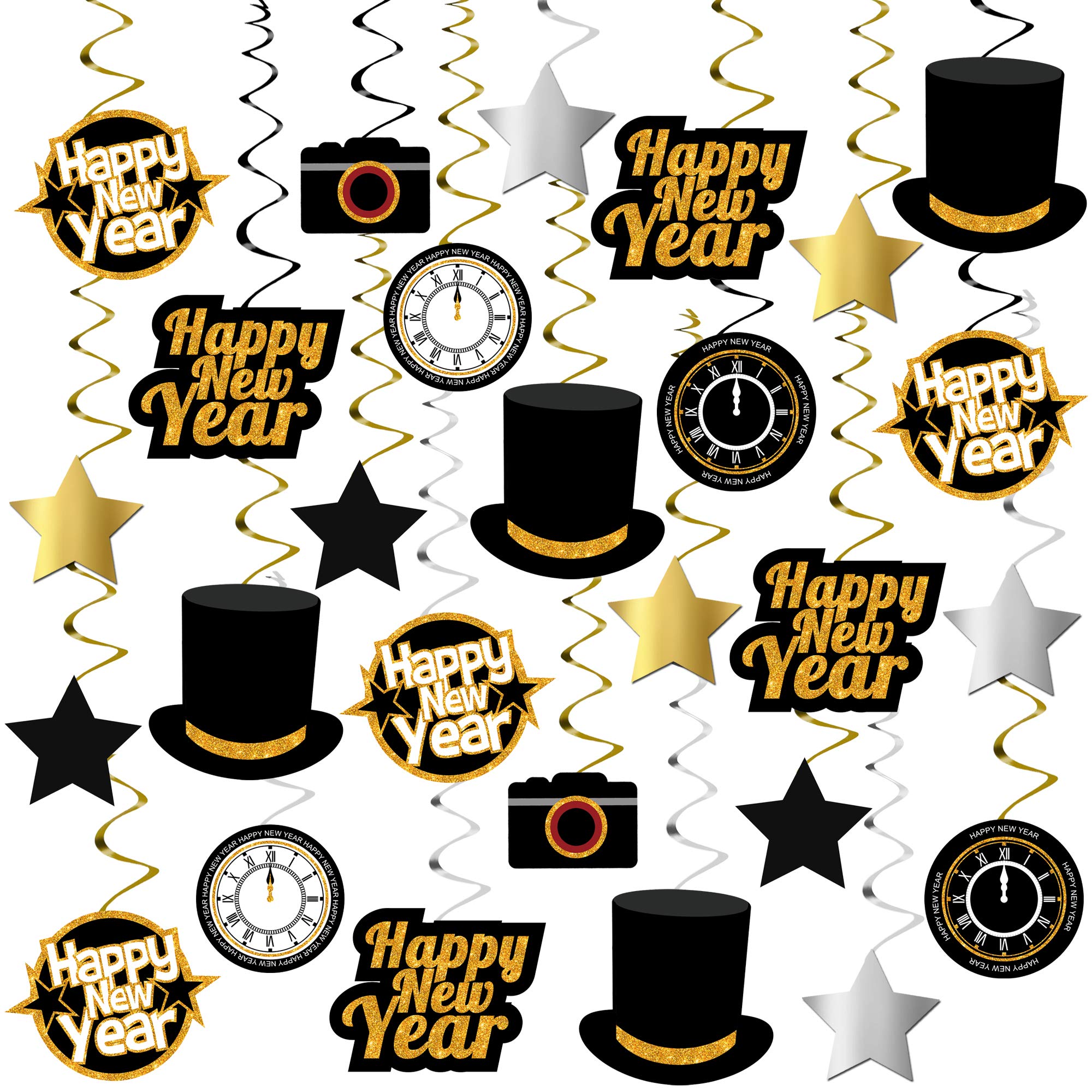 KatchOn, Happy New Year Hanging Swirls - Pack of 30 | Black and Gold New Years Eve Party Supplies 2025 | Happy New Year Decorations 2025 | New Years Hanging Decorations | New Years Eve Decorations