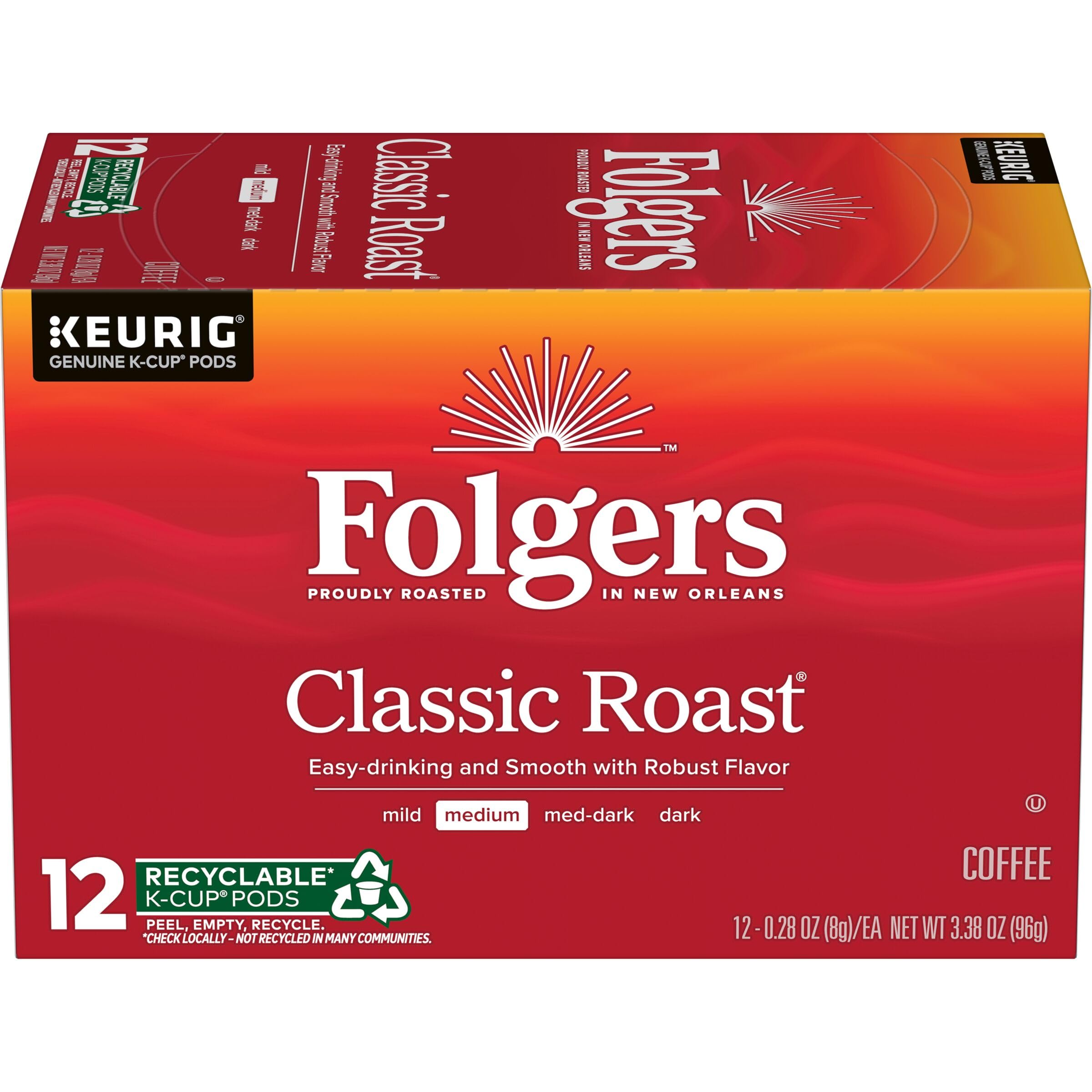 Folgers Classic Roast Medium Roast Coffee, 12 Keurig K-Cup Pods