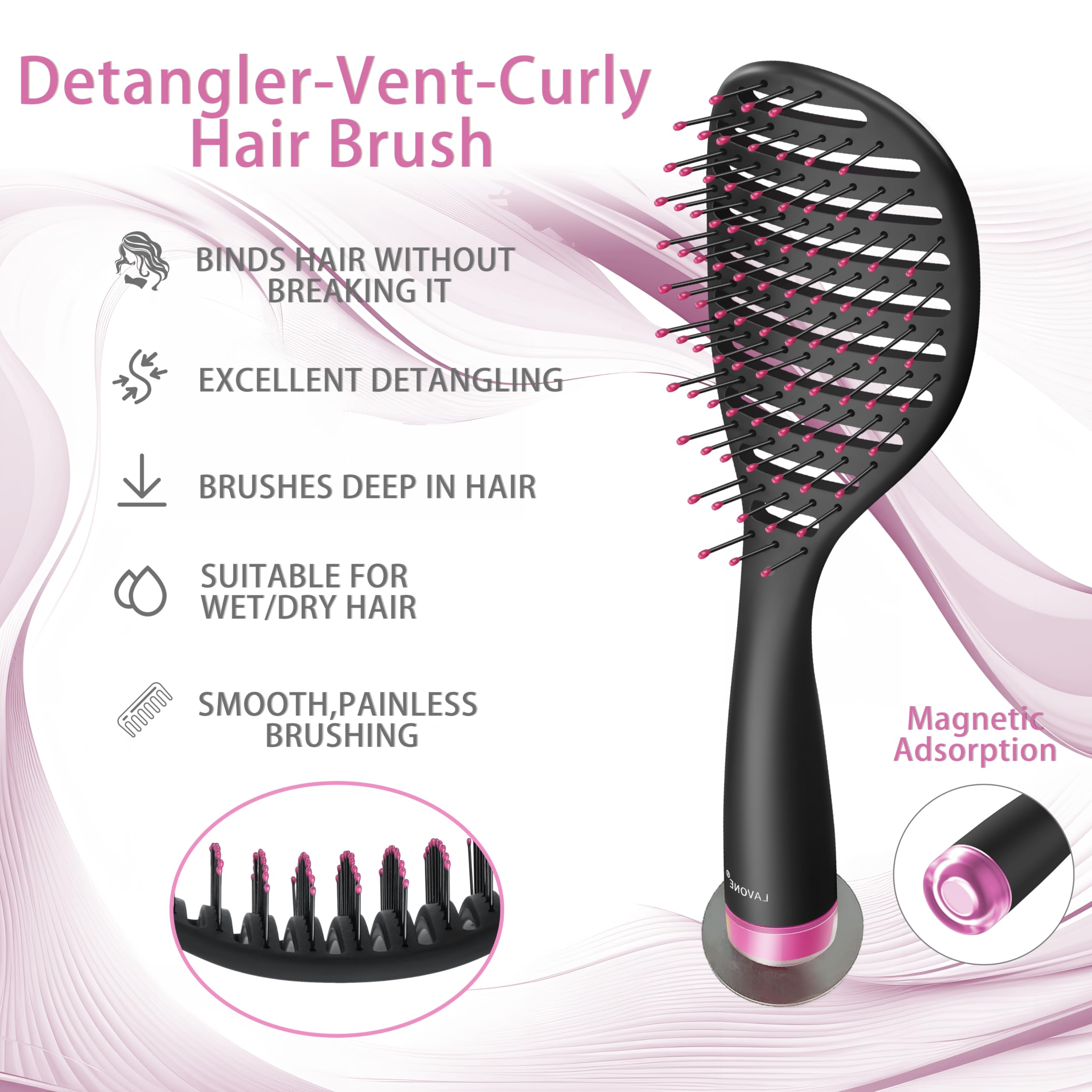 Hair Brush, Curved Vented Hairbrush Faster Blow Drying, Detangler Brush with a Built in Brush Cleaner, Hair Clips and Magnetic Holder, for women Men & Kids, Detangling Brush for All Hairs