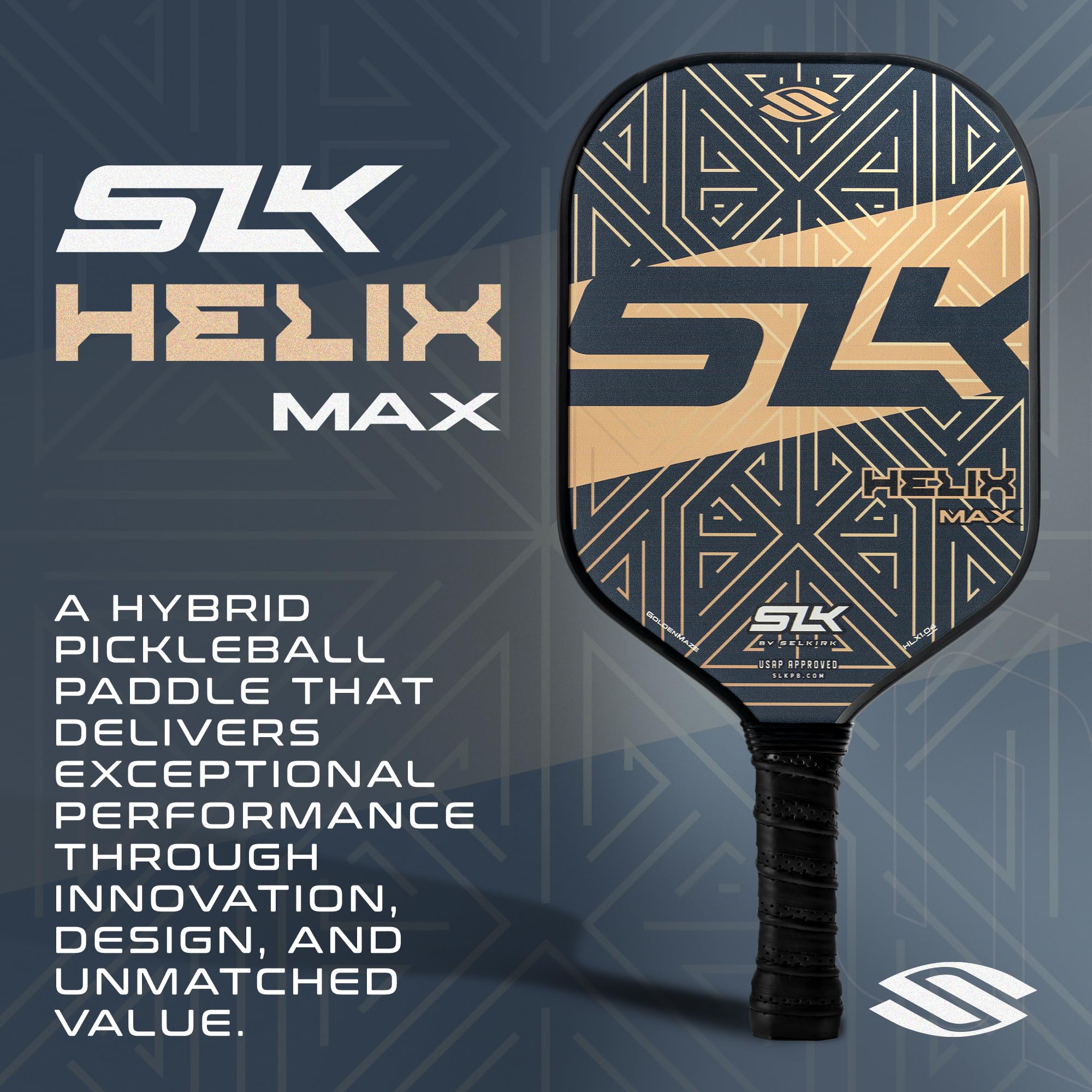 2024 SLK Helix Pro Pickleball Paddle | Carbon Fiber & Fiberglass Hybrid Face | Thermoformed Carbon Fiber Core | Unmatched Control | Gold Maze