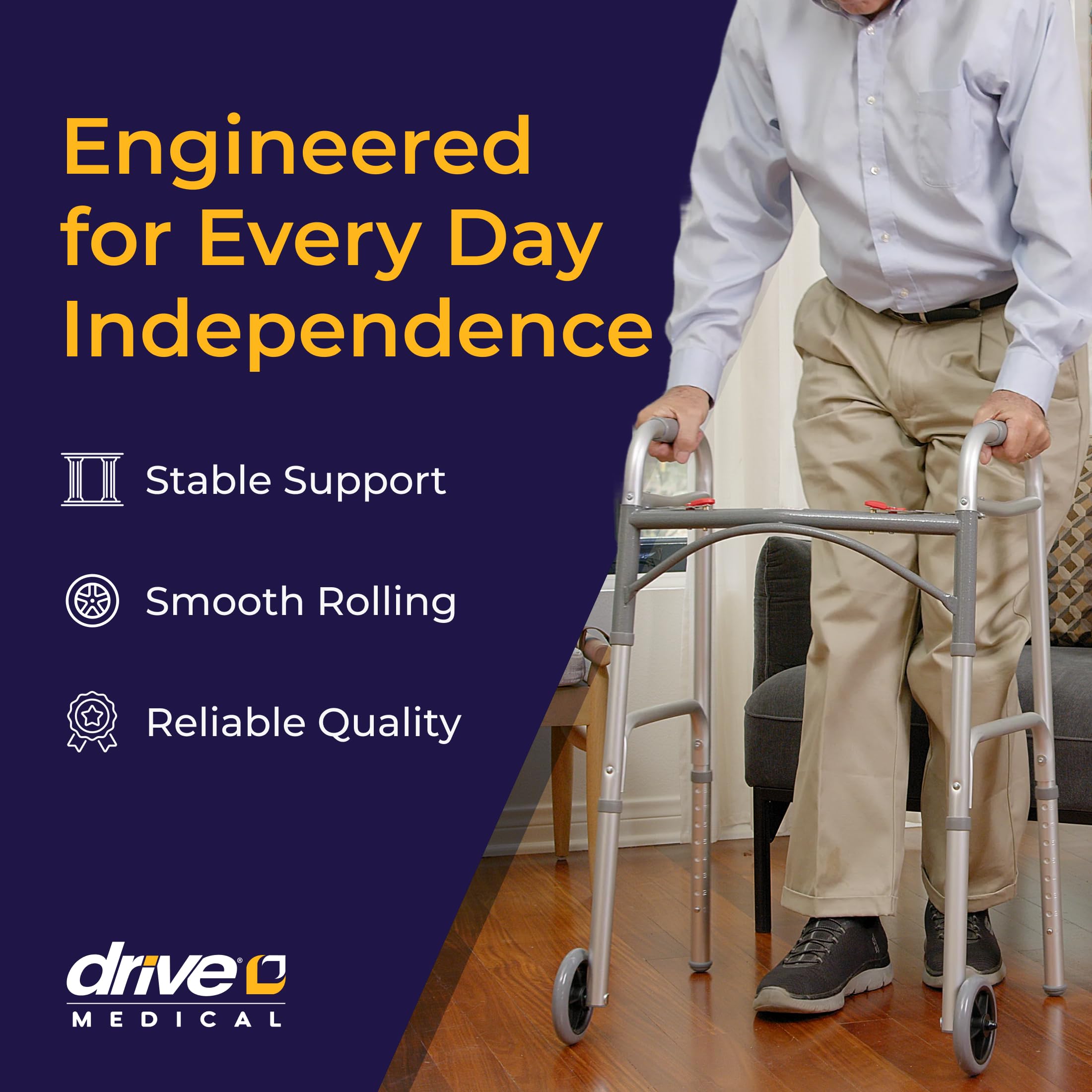 Drive Medical Two-Button Folding Walker w/ Wheels - Lightweight Rolling Mobility Support - Desk Arms - Adjustable Height - Dual Push-Button Operation - 5 Inch Front Wheels - Durable Aluminum - Silver