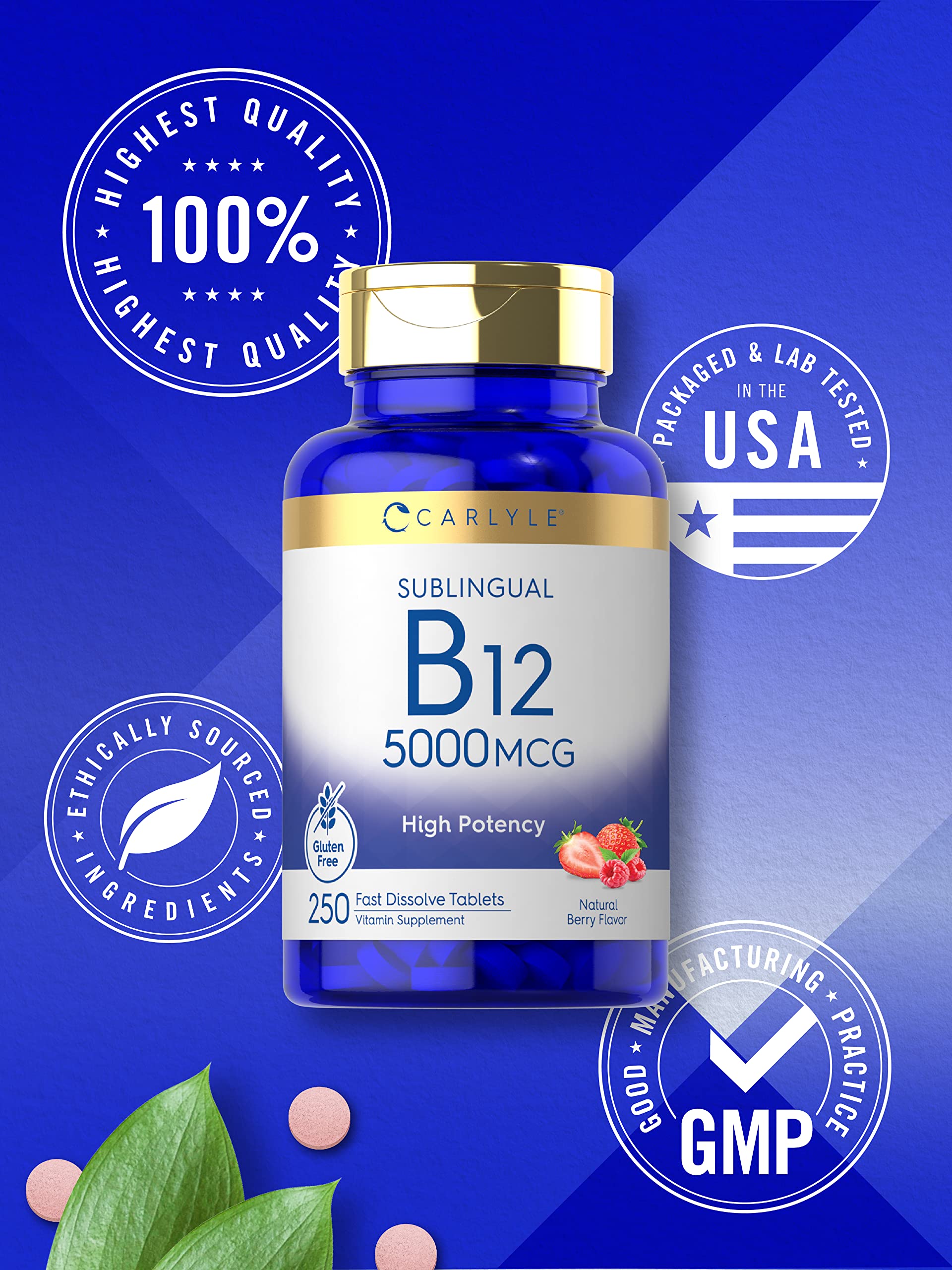 Carlyle Vitamin B12 5000mcg | 250 Fast Dissolve Tablets | Natural Berry Flavor | Vegetarian, Non-GMO, Gluten Free