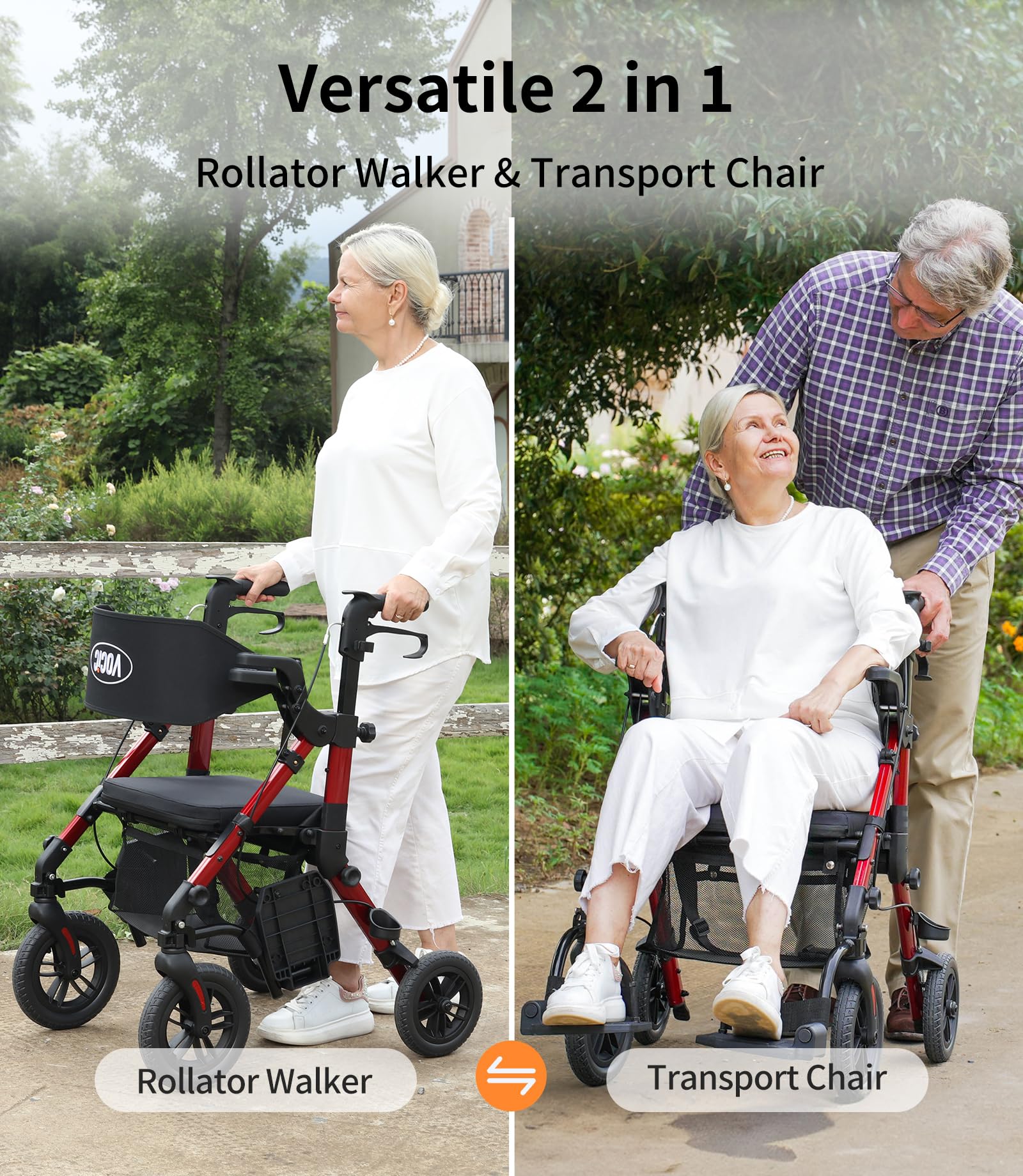 VOCIC Walkers for Seniors, Wheelchairs for Adults, Rollator Walker with Seat, 2 in 1 Rollator Transport Chair with Brakes, Rollator Lightweight Foldable, Walker Wheelchair Combo