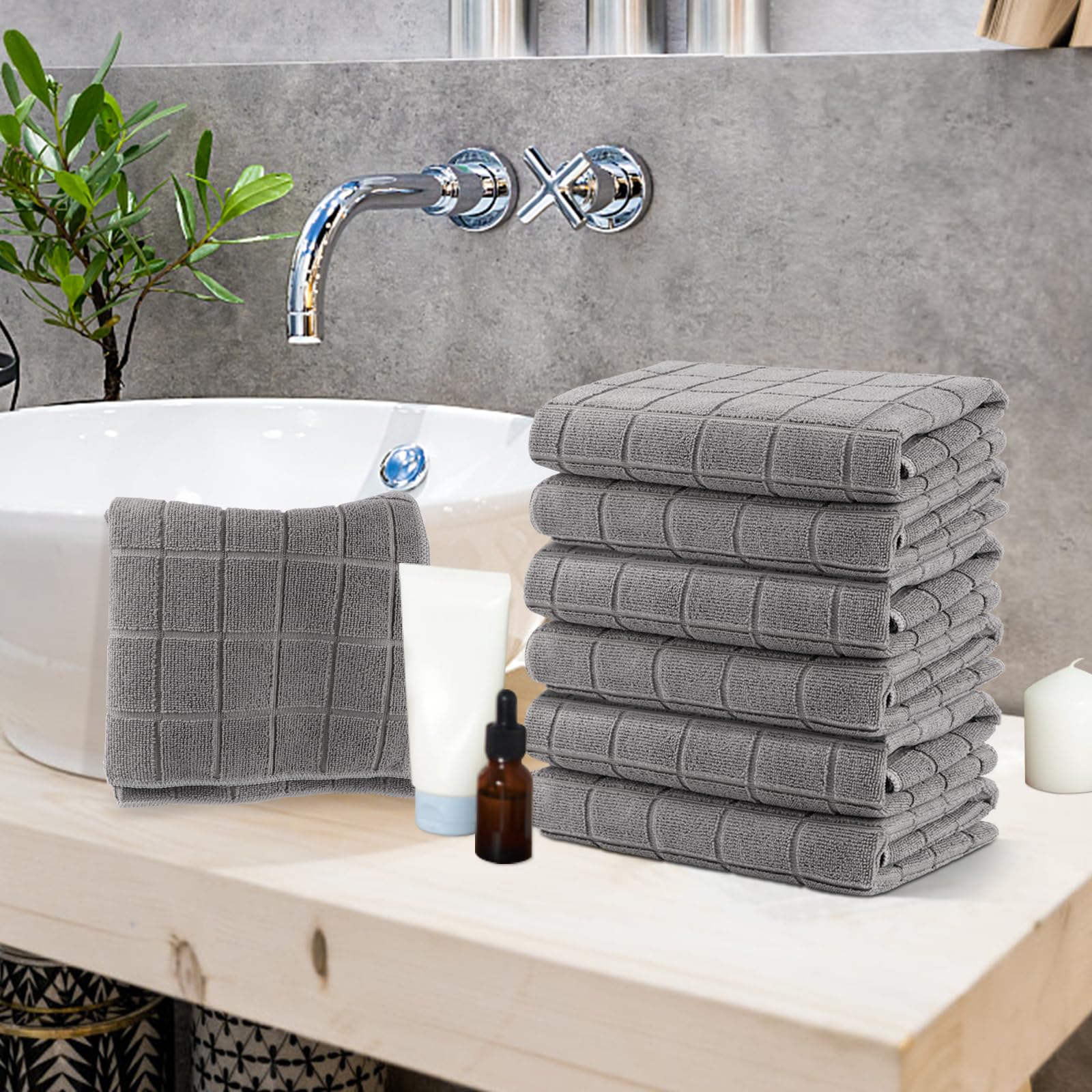 HOMEXCEL Kitchen Towels 6 Pack,Soft and Super Absorbent Hand Towels,Lint Free Lattice Designed Washcloths Bath Towel for Travel Gym Hotel,15 x 25 inch