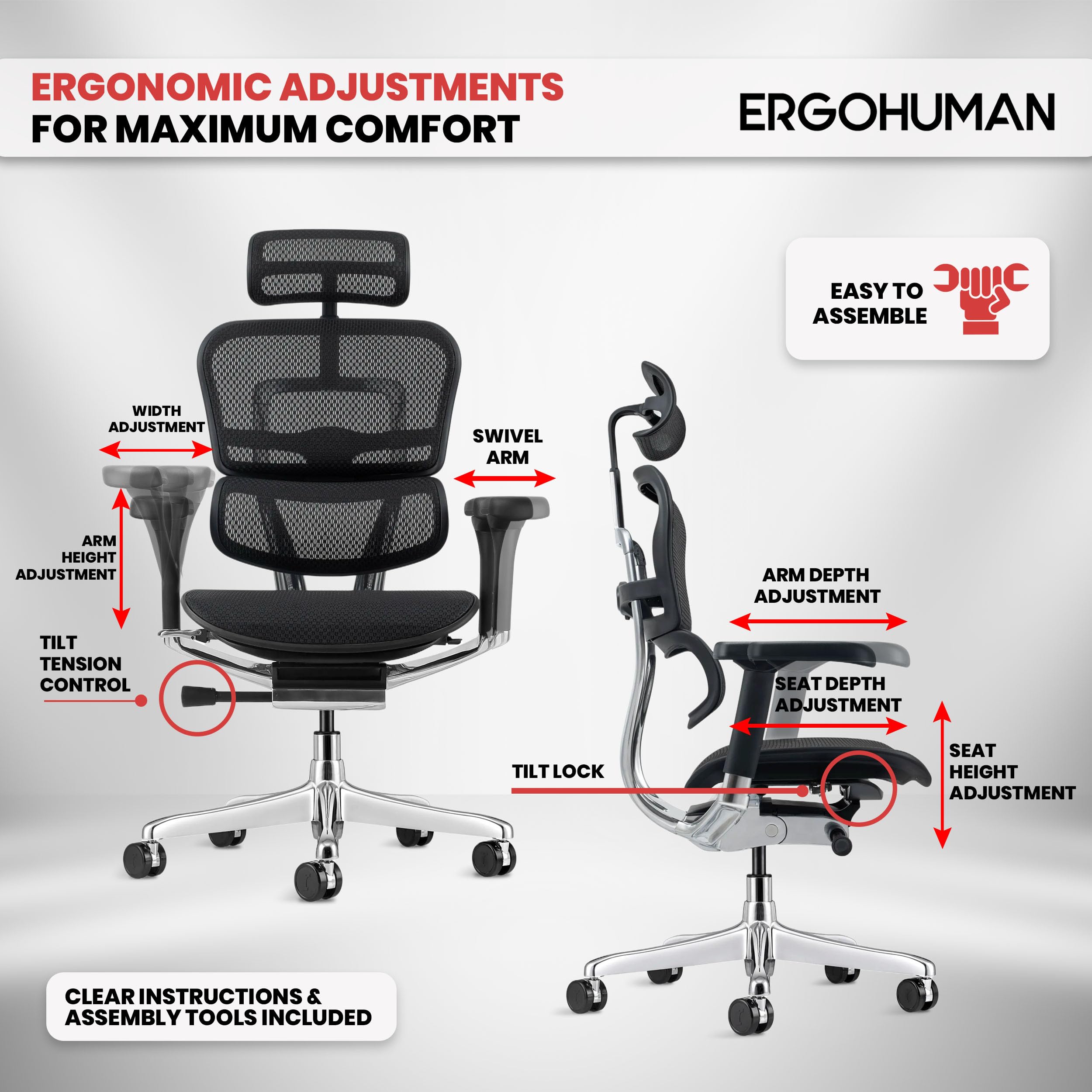 Ergohuman Eurotech GEN2 – High Back Black Mesh Office Chair with Adjustable and Flexible Lumbar Support – Headrest, Seat Slider, Armrests, and Height Adjustment