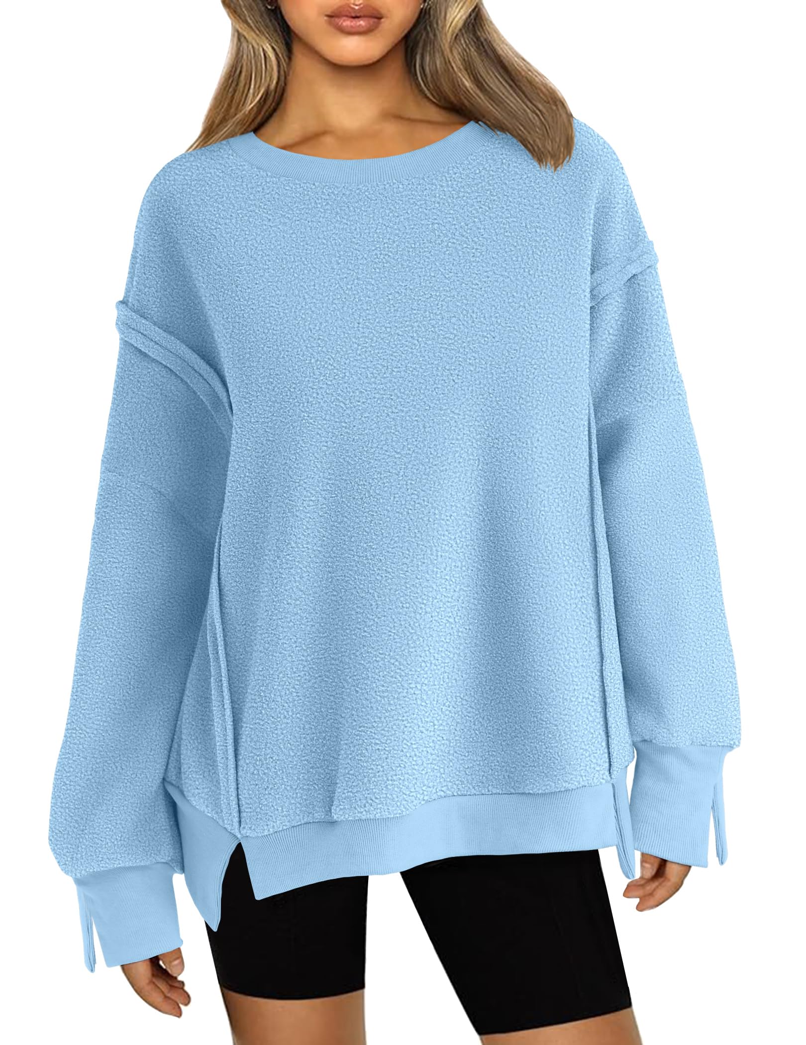 Zeagoo Womens Fleece Jackets Long Sleeve Pullover Crewneck Sweatshirts Casual Plain Oversized Cute Y2k Sweatshirt With Reverse Seam,Blue,Xx-Large