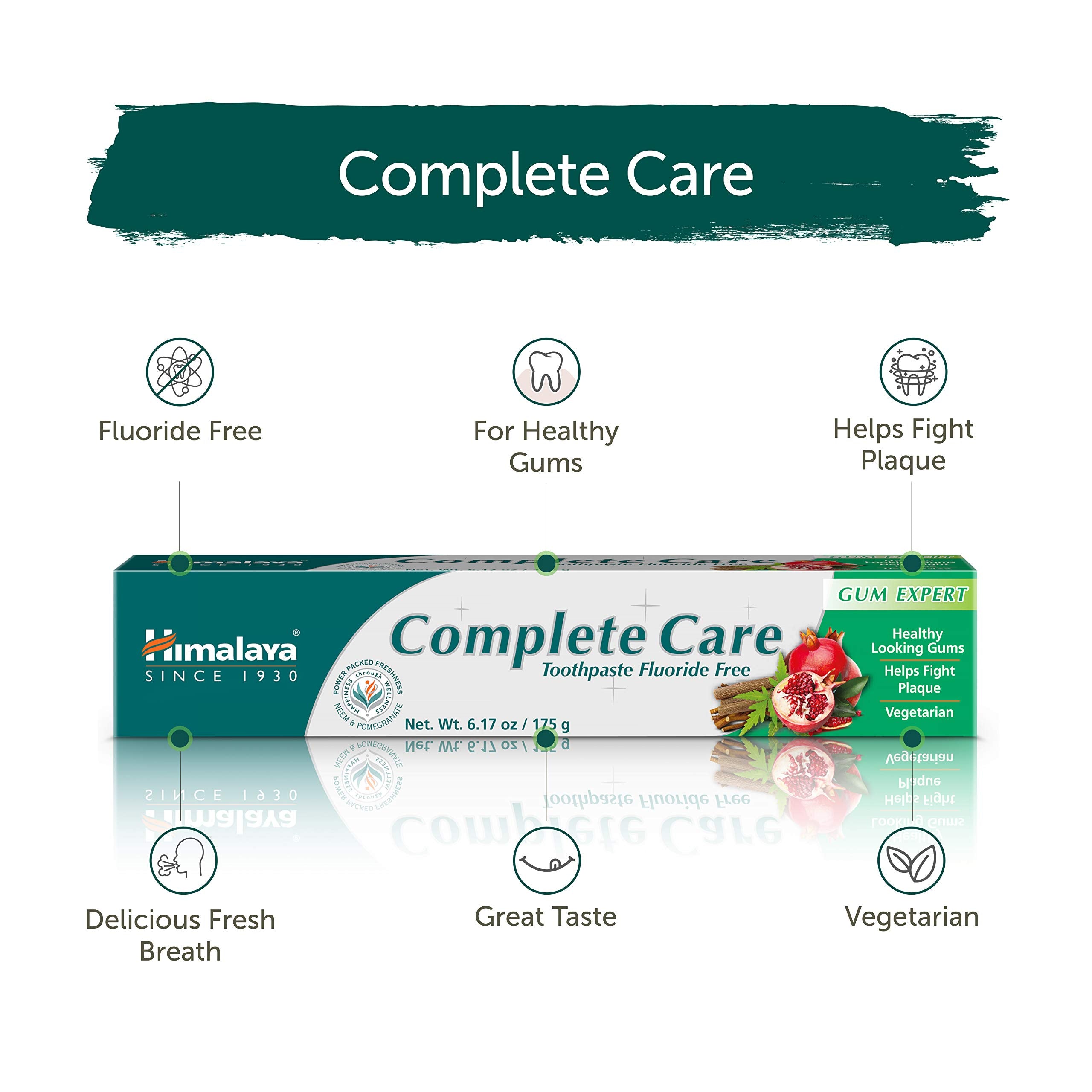 Himalaya Complete Care Toothpaste, Fights Plaque, Freshens Breath, Fluoride Free, Plant-Based, with Neem, Pomegranate, No Artificial Flavors, Cruelty Free, Mint Flavor, 6.17 Oz