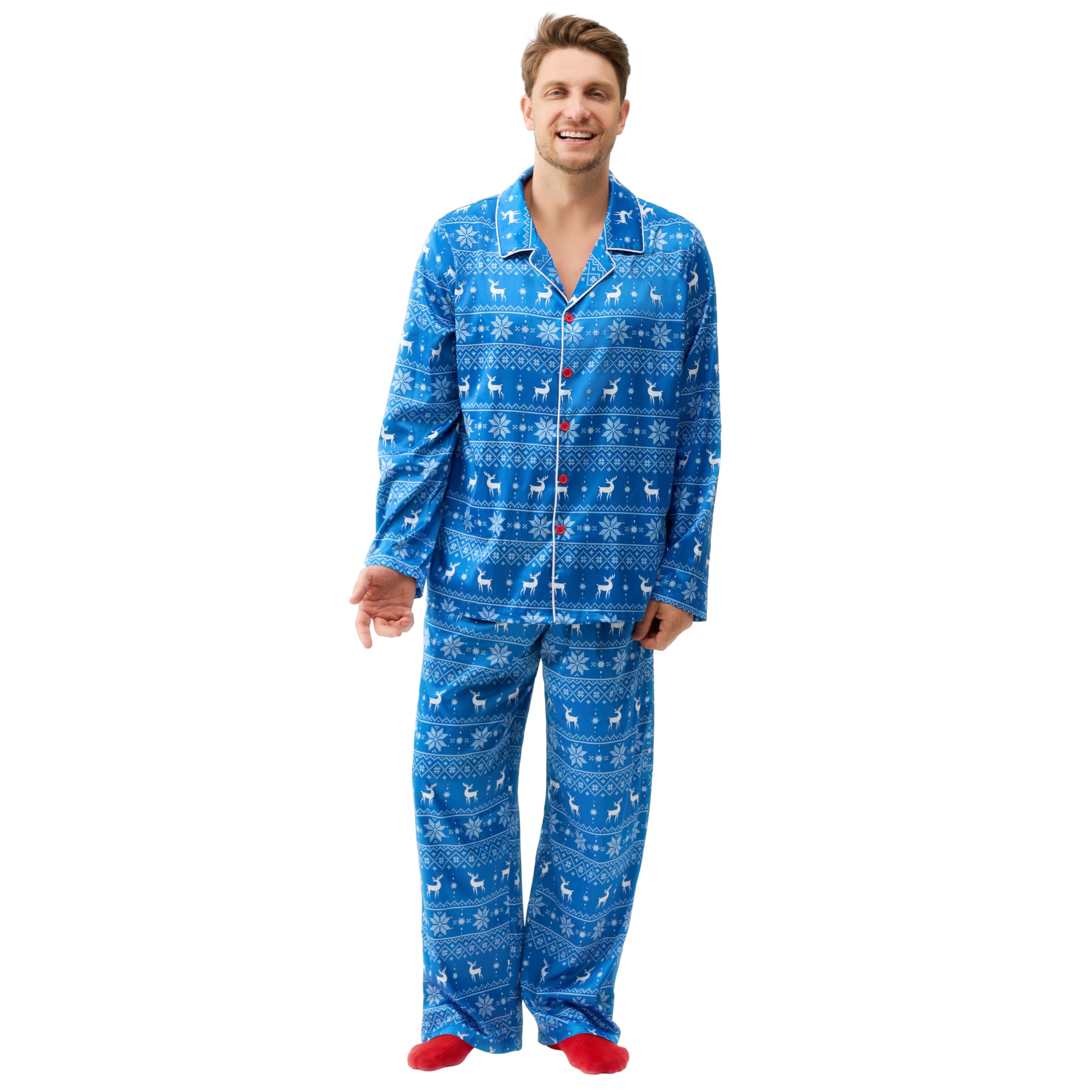 Giggling Getup Adult Christmas Pajamas, Silk Pajama Set with Christmas Pajama Pants and Long-Sleeve Top, for Holiday Pajamas Party-L Blue