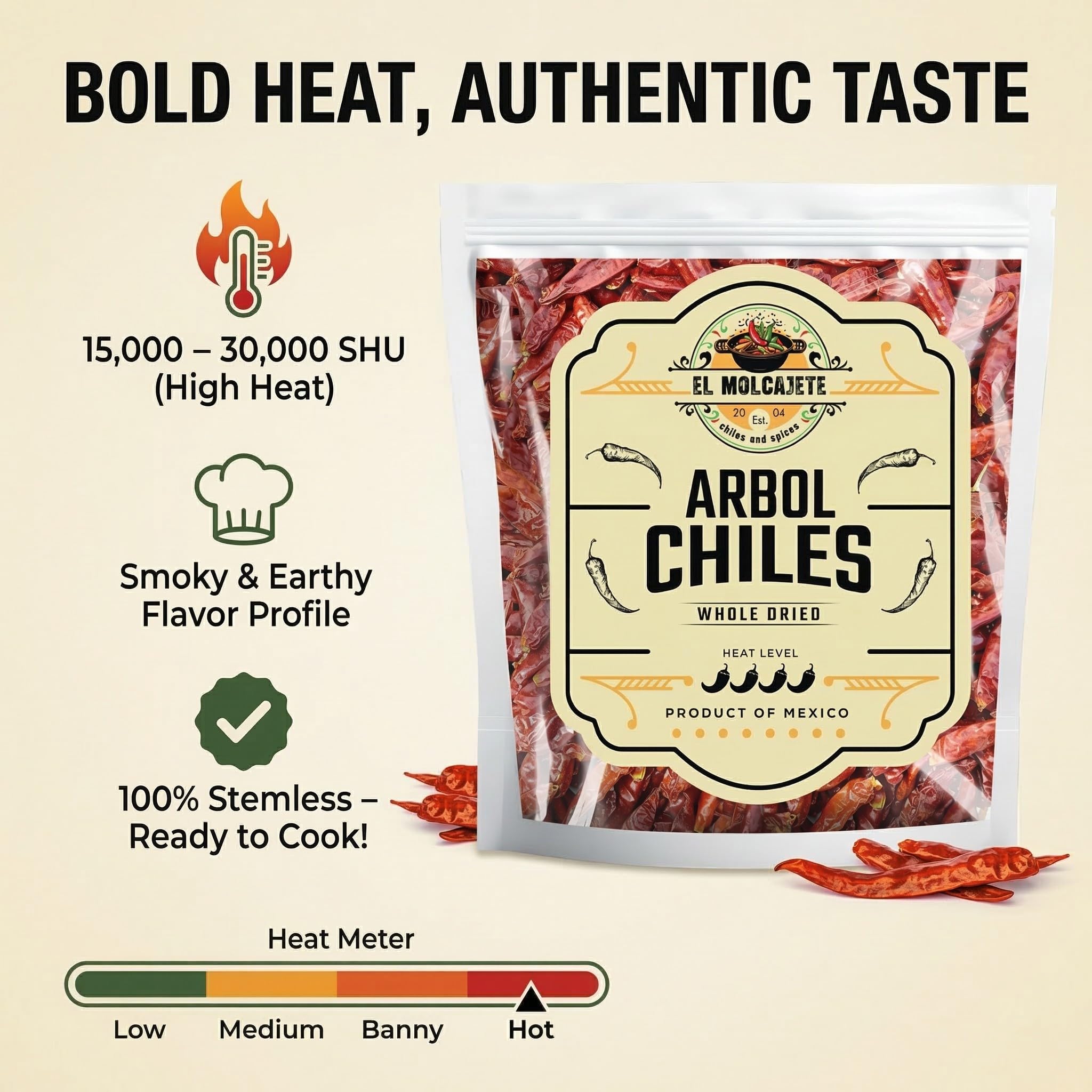 Chile de Arbol 8oz - Dried Whole Red Chili Peppers - Premium All-Natural, Stemless. For Mexican, Chinese, and Thai Cuisine with Bold, Spicy Heat. By El Molcajete