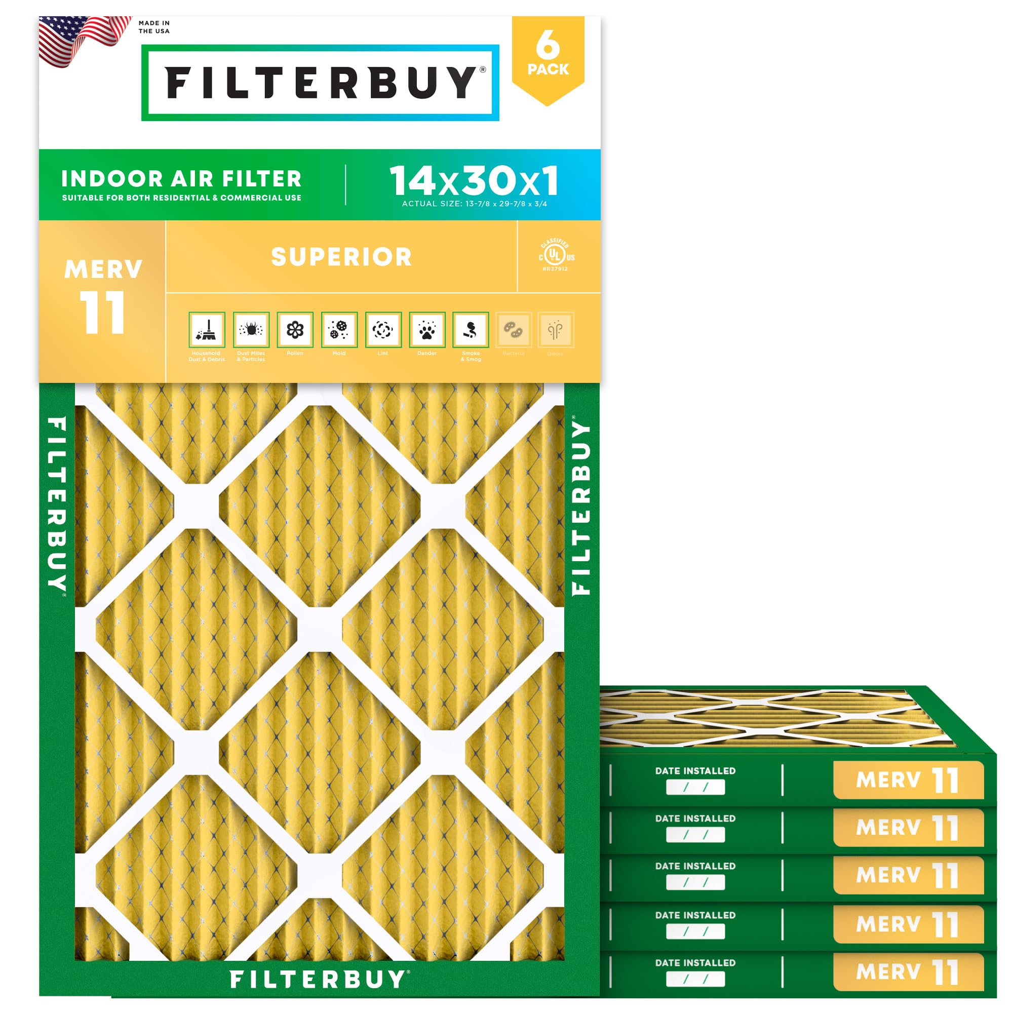 Filterbuy 14x30x1 Air Filter MERV 11 Allergen Defense (6-Pack), Pleated HVAC AC Furnace Air Filters Replacement (Actual Size: 13.88 x 29.88 x 0.75 Inches)