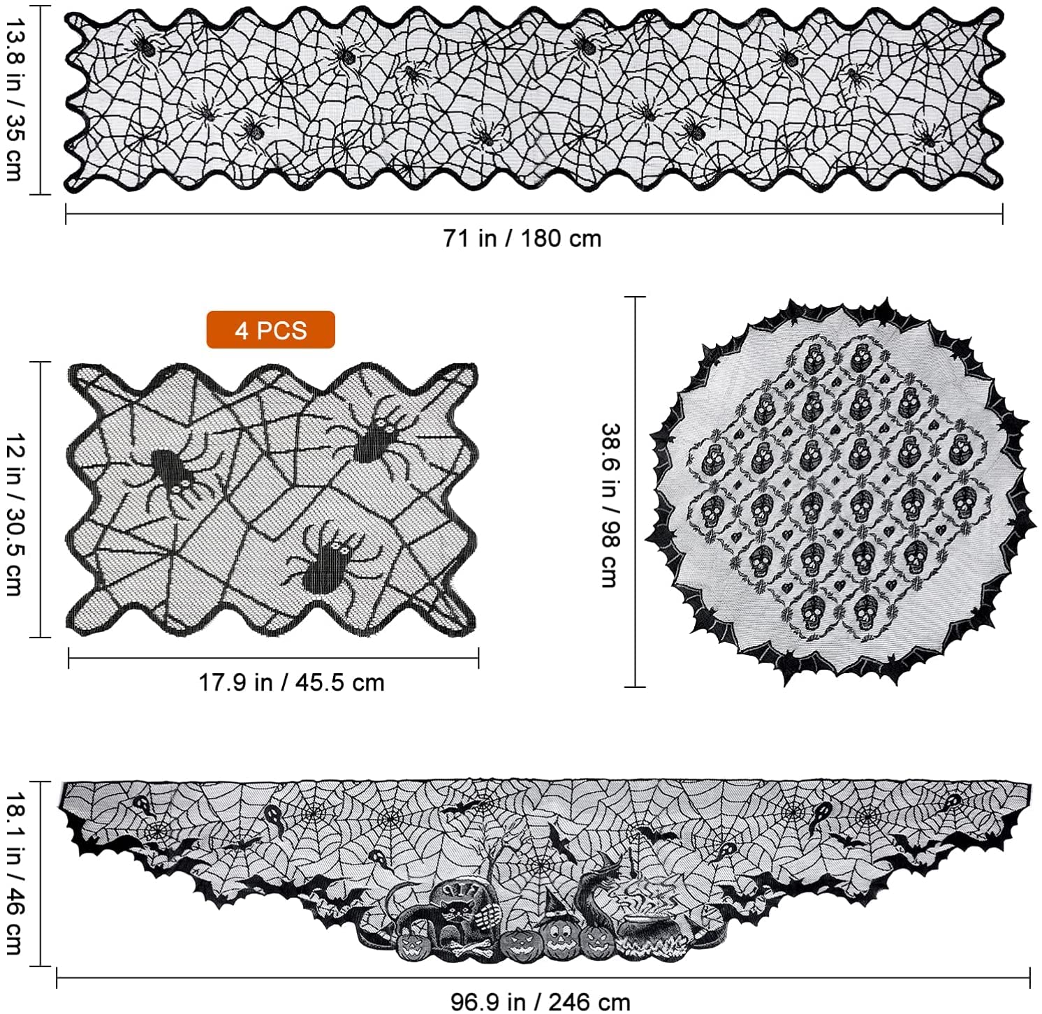 HIPIHOM 7Pcs Halloween Lace Tablecloth Set Spiderweb Fireplace Mantle Scarf Round Table Runner Placemats for Halloween Party Supply