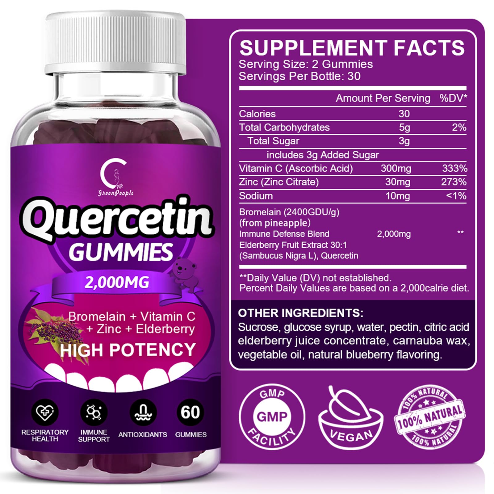 Quercetin Gummies - Quercetin with Bromelain, Vitamin C, Zinc & Elderberry 2000mg Extra Strength Immune System Booster, Lung Support Supplement for Adults Kids - 60 Quercetin Gummies (2 Pack)