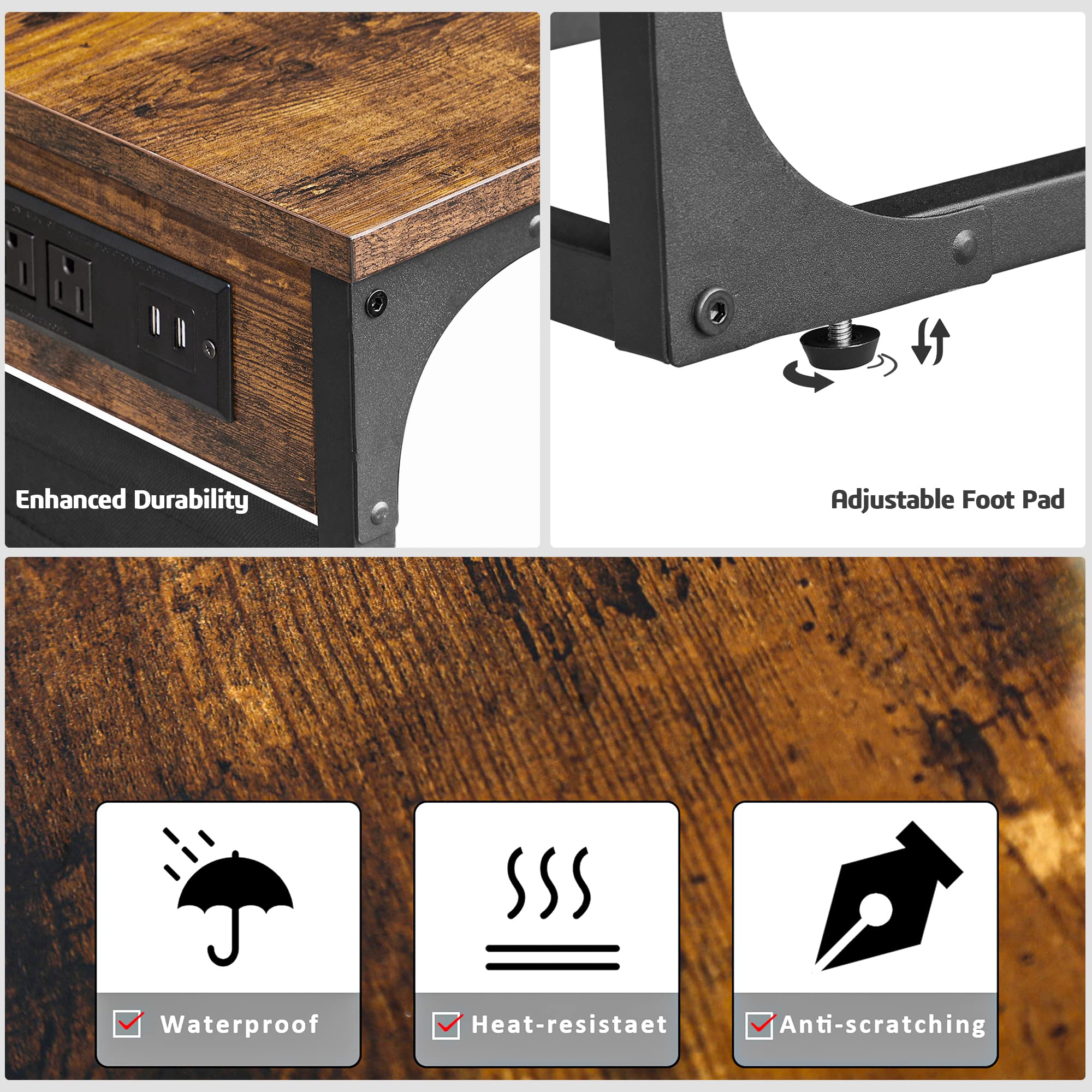 TUTOTAK C Shaped End Table with Charging Station, Side Table for Sofa, Couch Table with Storage Bag, TV Tray Table with 2 USB Ports and Outlets for Living Room, Bedroom, Brown TB01BB024