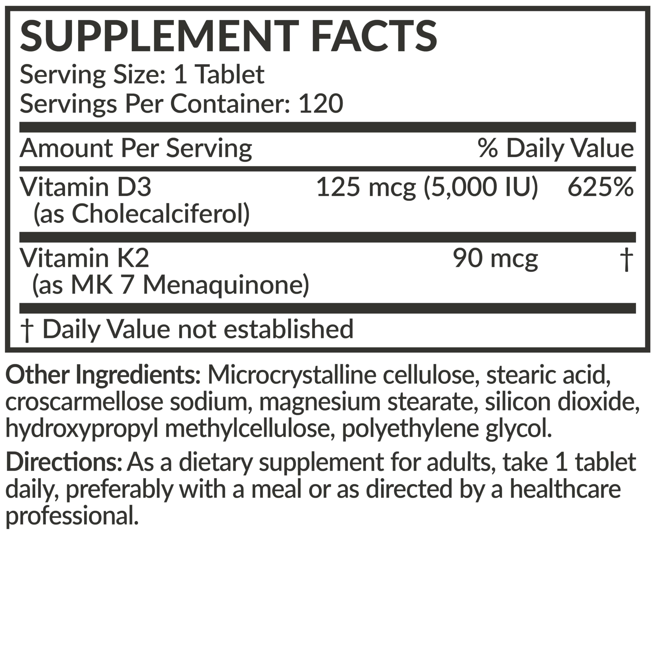 Futurebiotics Vitamin K2 with D3, 2 in 1 Support, 5000 IU Vitamin D3 & 90 mcg Vitamin K2 MK-7 Non-GMO, 120 Tablets