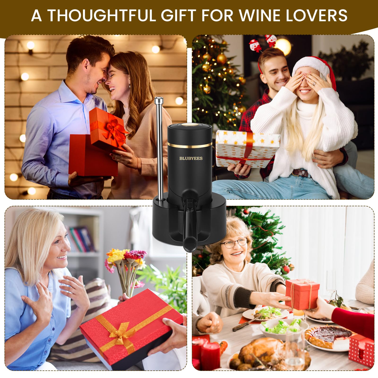 BLUBYEES 3-in-1 Electric Wine Aerator & Decanter Set with Stand Base - Automatic Pump Dispenser, Retractable Tube, and Built-in Pourer, Ideal Gift for Wine Lovers