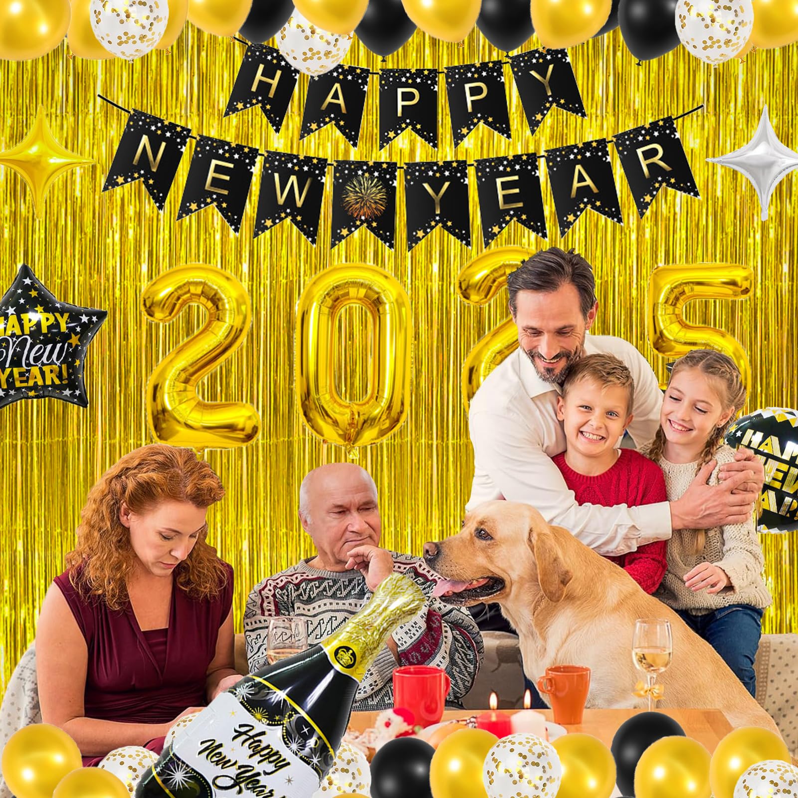 New Years Decorations 2025, New Years Eve Party Supplies 2025 - Happy New Year Decorations Kit 2025 Nye Decorations Decoracion de año nuevo 2025 Gold and Black Happy New Year Decor