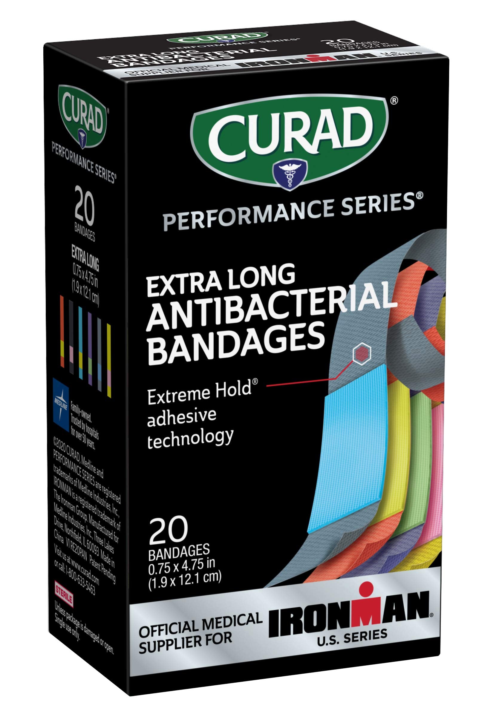 CURAD Performance Series IRONMAN Antibacterial Bandages, Extreme Hold Adhesive Technology, Extra Long Flexible Fabric Bandages for Cuts, Scrapes, & Burns, Assorted Colors, 0.75 x 4.75 inches, 20 Count