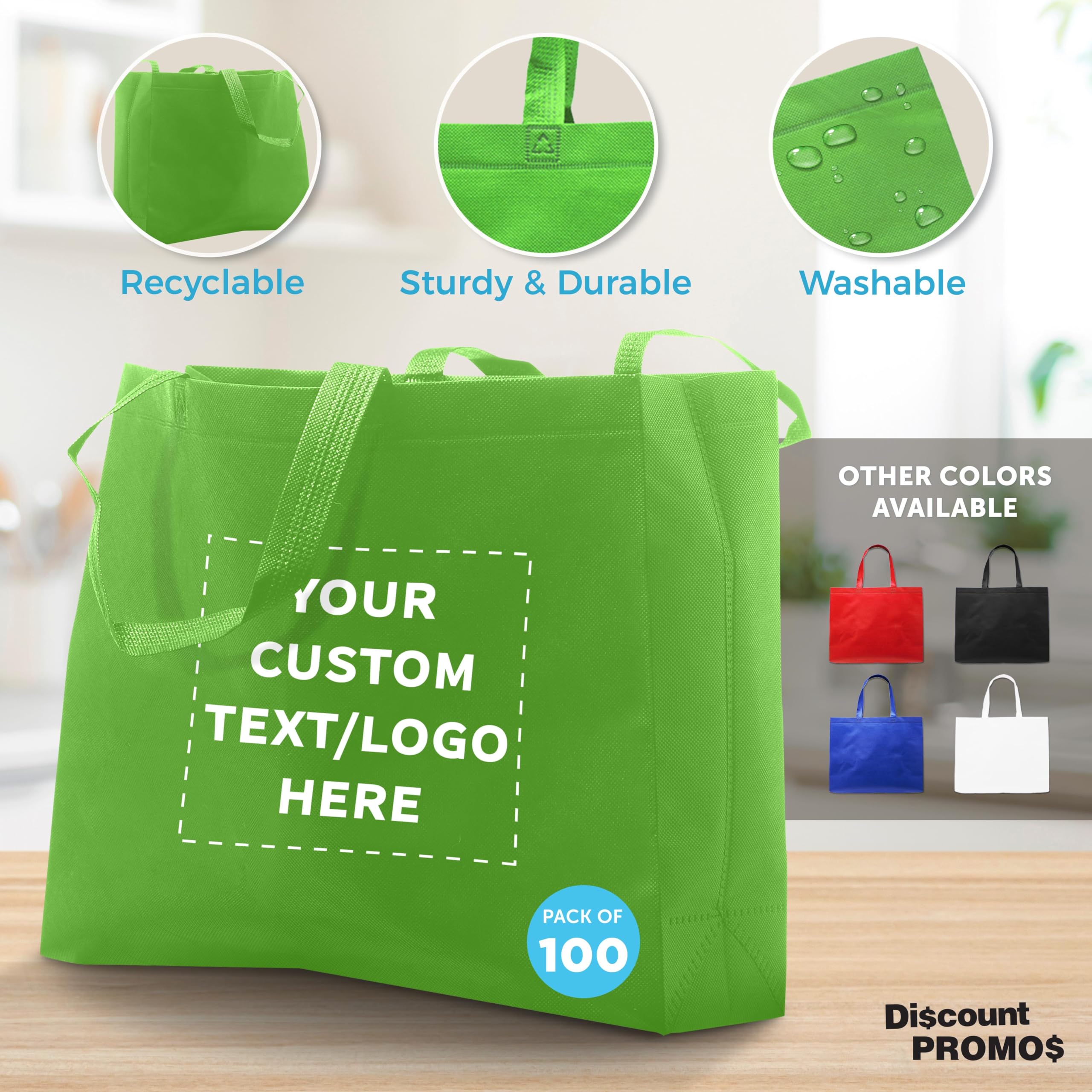 DISCOUNT PROMOS Custom Jumbo Sized Tote Bags Set of 100, Personalized Bulk Pack - Reusable Grocery Bags, Shopping Bags, Promotional Item Totes for Women - Lime Green