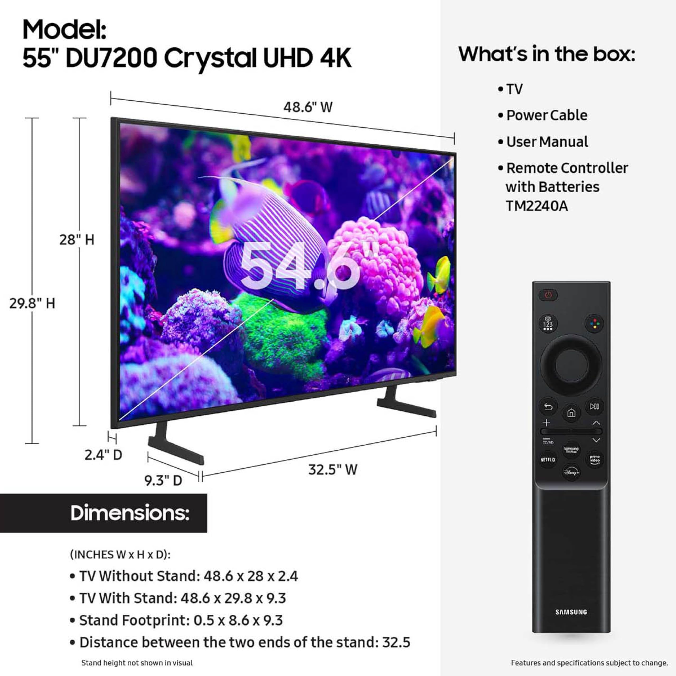 SAMSUNG 55-Inch Class Crystal UHD 4K DU7200 Series HDR Smart TV w/Object Tracking Sound Lite, PurColor, Motion Xcelerator, Mega Contrast, Q-Symphony (UN55DU7200, 2024 Model)